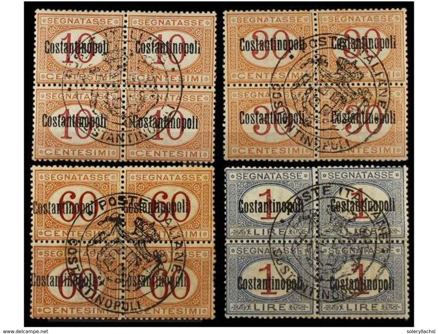 3826 ** LEVANTE: CORREO ITALIANO. Sa.T1/4. 1922. <B>TASAS. 10, 30, 60 Cts.</B> Y <B>1 Lire</B>. Bloques De Cuatro Con El - Sonstige & Ohne Zuordnung