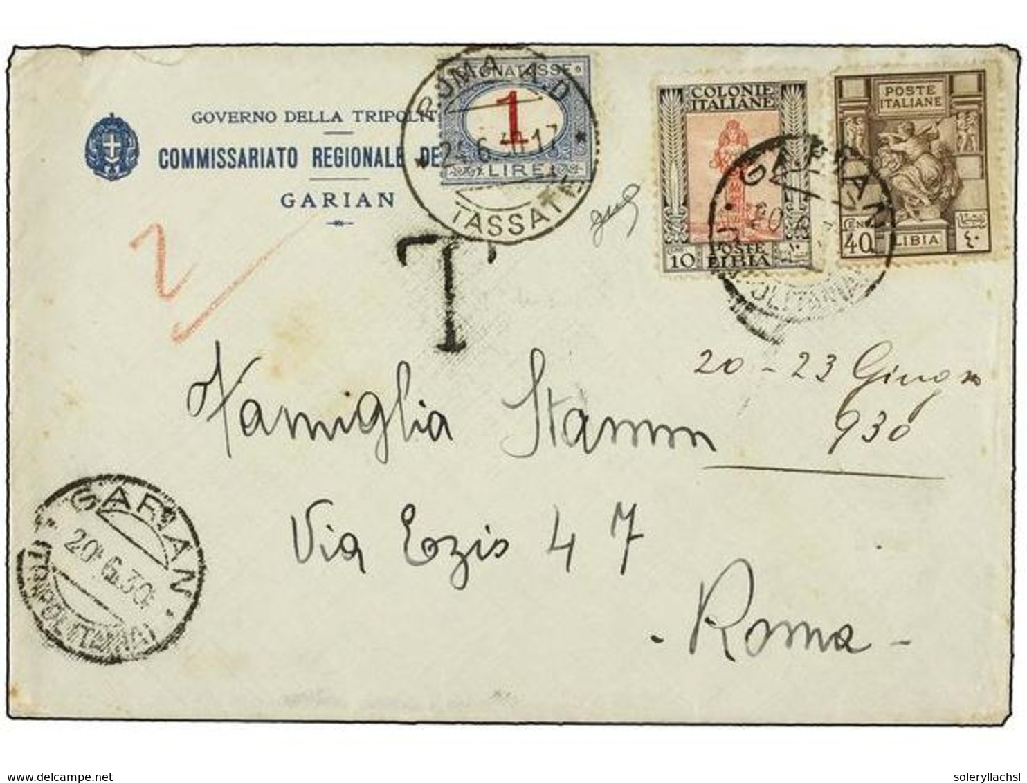 3828 LIBIA. 1930. GARIAN A ROMA. <B>10 Cent.</B> Y <B>40 Cent.</B> Tasada A La Llegada Con Sello Italiano De <B>1 Lira</ - Other & Unclassified