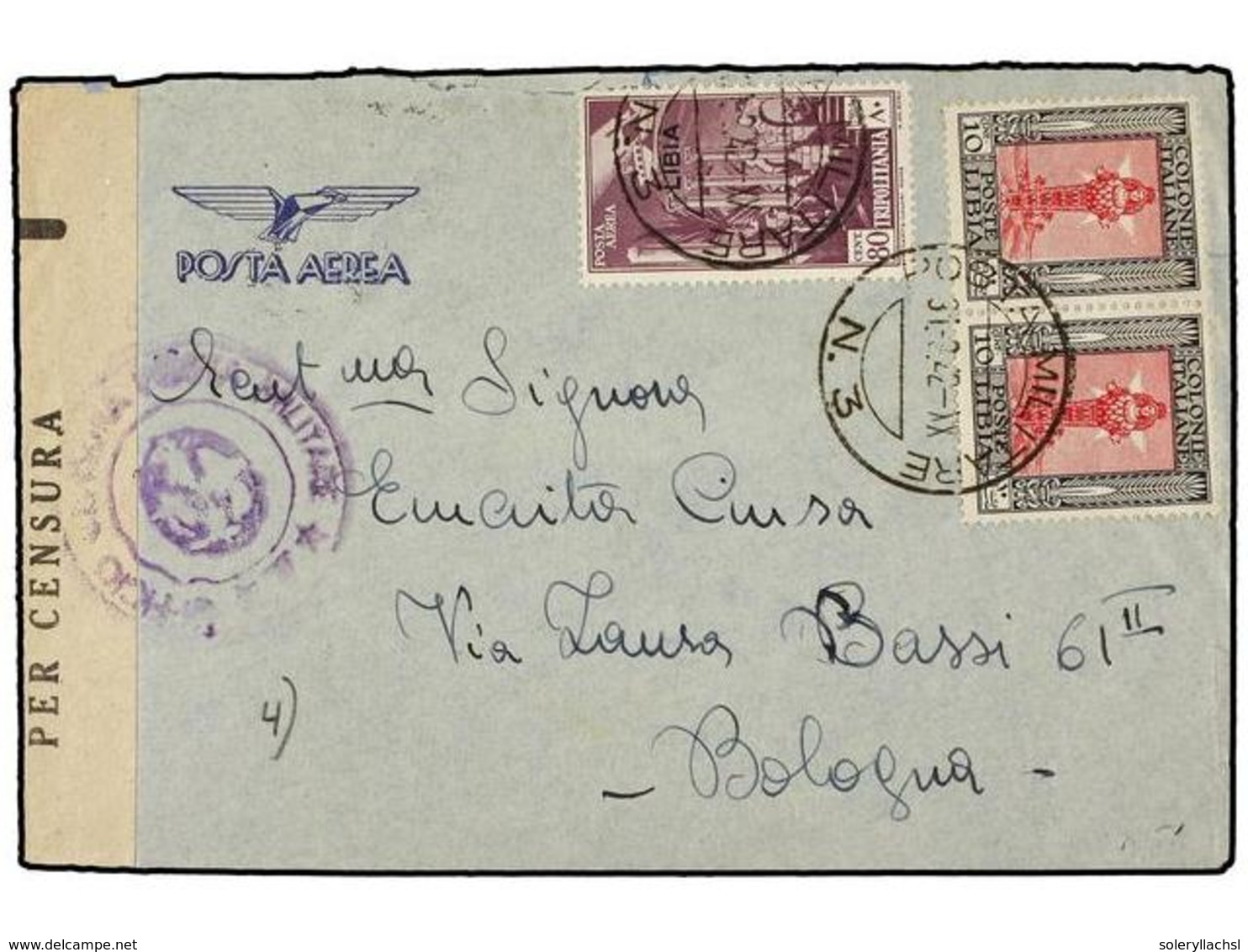 3830 LIBIA. Sa.47 (2) + A48. 1942. POST MILITARE Nº 3 A BOLOGNA. <B>10 Cts.</B> (2) Y <B>80 Cent.</B> Etiqueta Y Marca D - Other & Unclassified