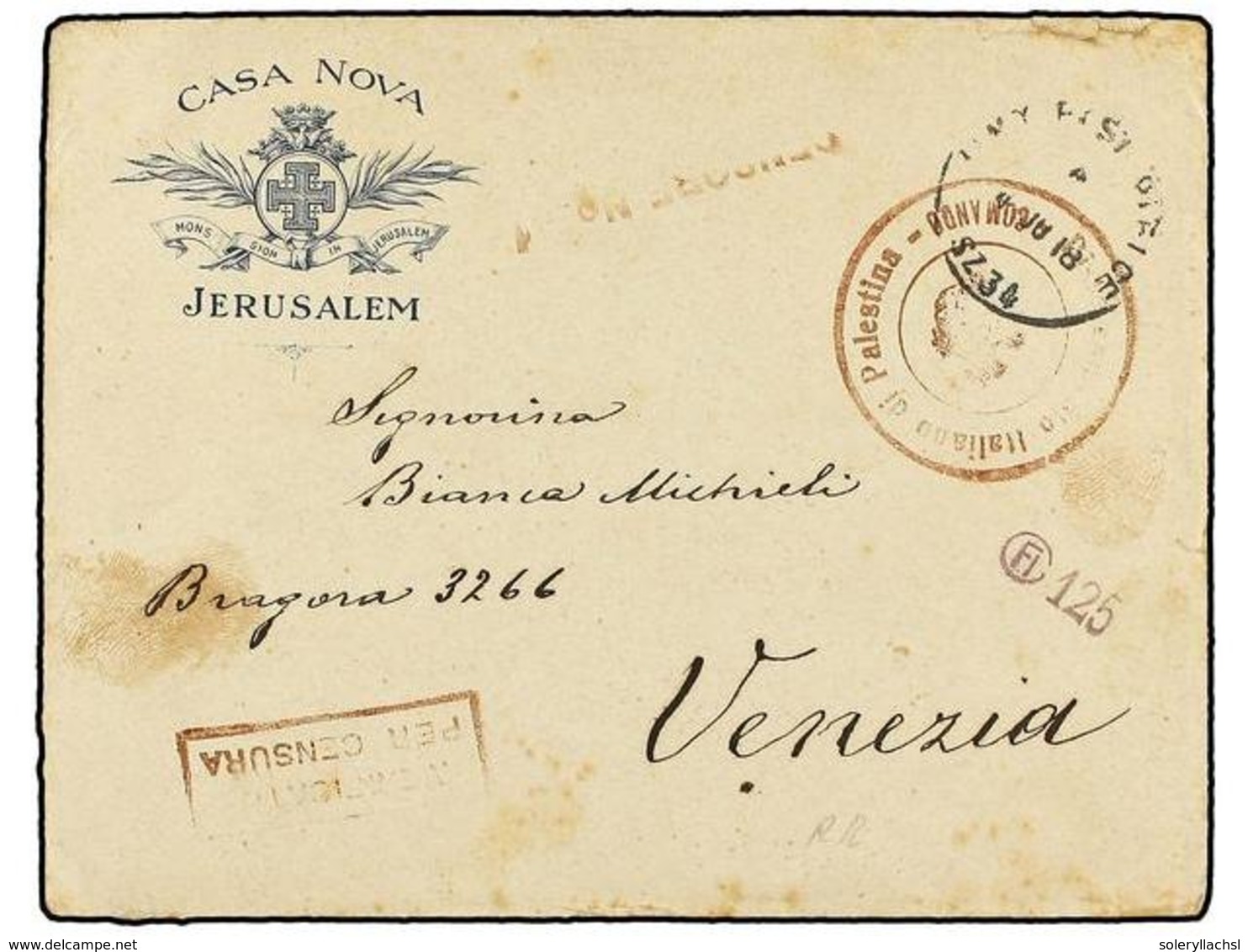 3842 PALESTINA. 1918 (4-junio). <B>DESTACAMENTO ITALIANO DE PALESTINA</B>. Sobre Con Membrete <B>CASA NOVA JERUSALEM </B - Sonstige & Ohne Zuordnung