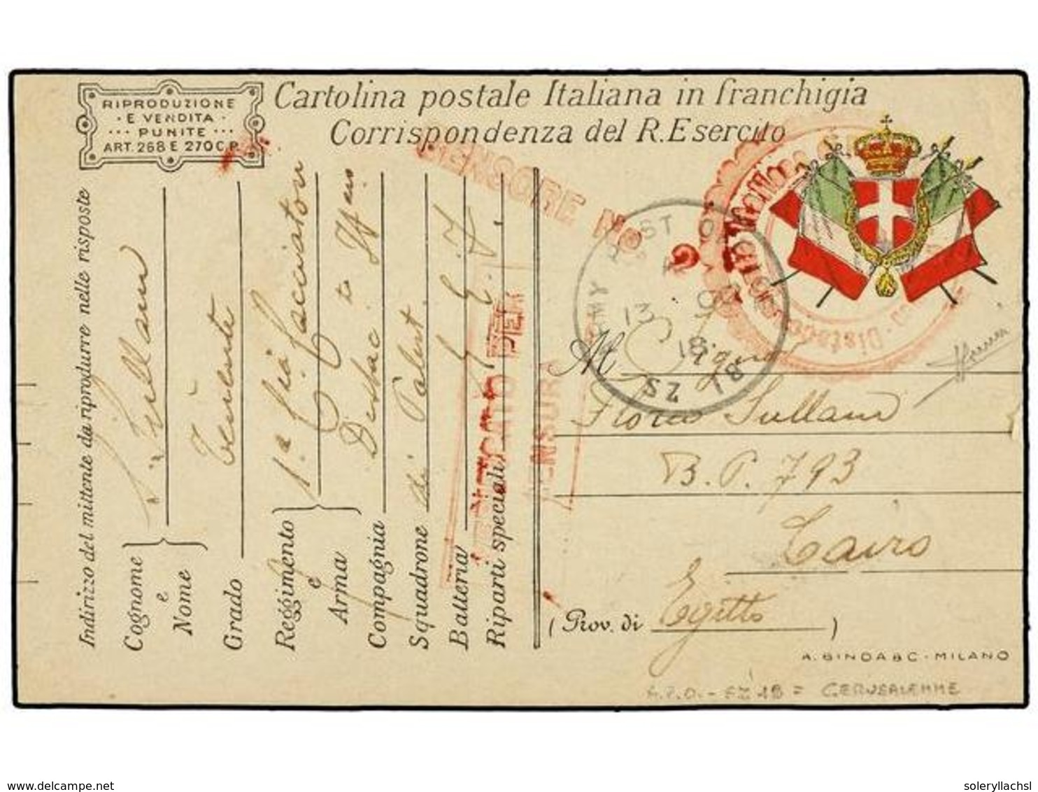 3845 PALESTINA. 1918 (12-Oct.). <B>DESTACAMENTO ITALIANO DE PALESTINA</B>. JERUSALEM A EL CAIRO. Tarjeta De Franquicia M - Sonstige & Ohne Zuordnung