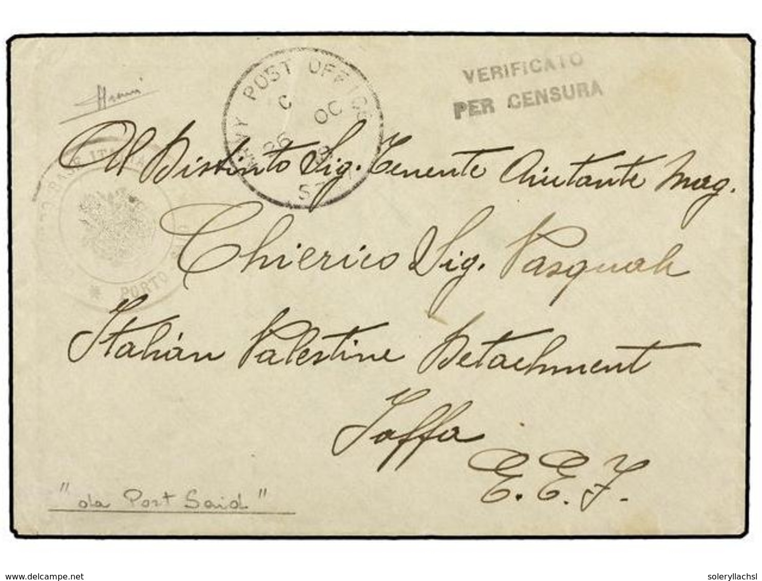 3847 PALESTINA. 1918 (26-Oct.). <B>DESTACAMENTO ITALIANO EN PALESTINA.</B> PORT SAID A JAFFA. Sobre Dirigido A Un Miembr - Other & Unclassified