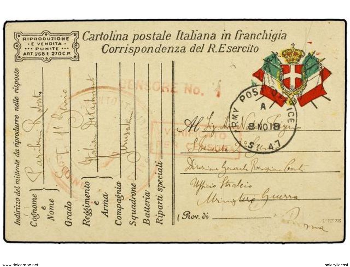 3848 PALESTINA. 1918 (8-Nov.). <B>DESTACAMENTO ITALIANO EN PALESTINA.</B> JERUSALEM A ITALIA. Tarjeta De Franquicia Mili - Sonstige & Ohne Zuordnung