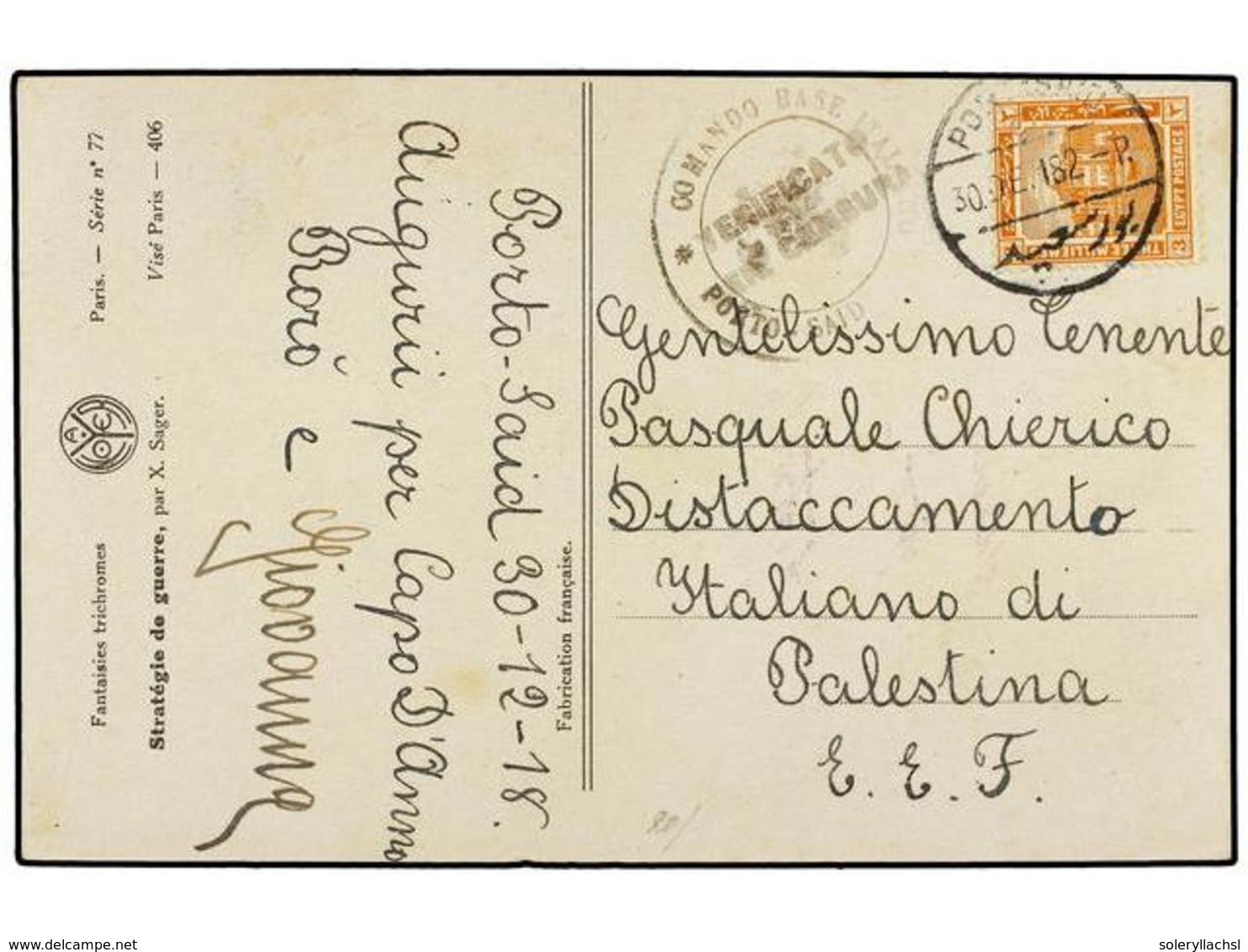 3850 PALESTINA. 1918 (30-12). <B>DESTACAMENTO ITALIANO EN PALESTINA</B>. Tarjeta Postal Dirigida A Un Miembro Del Destac - Other & Unclassified