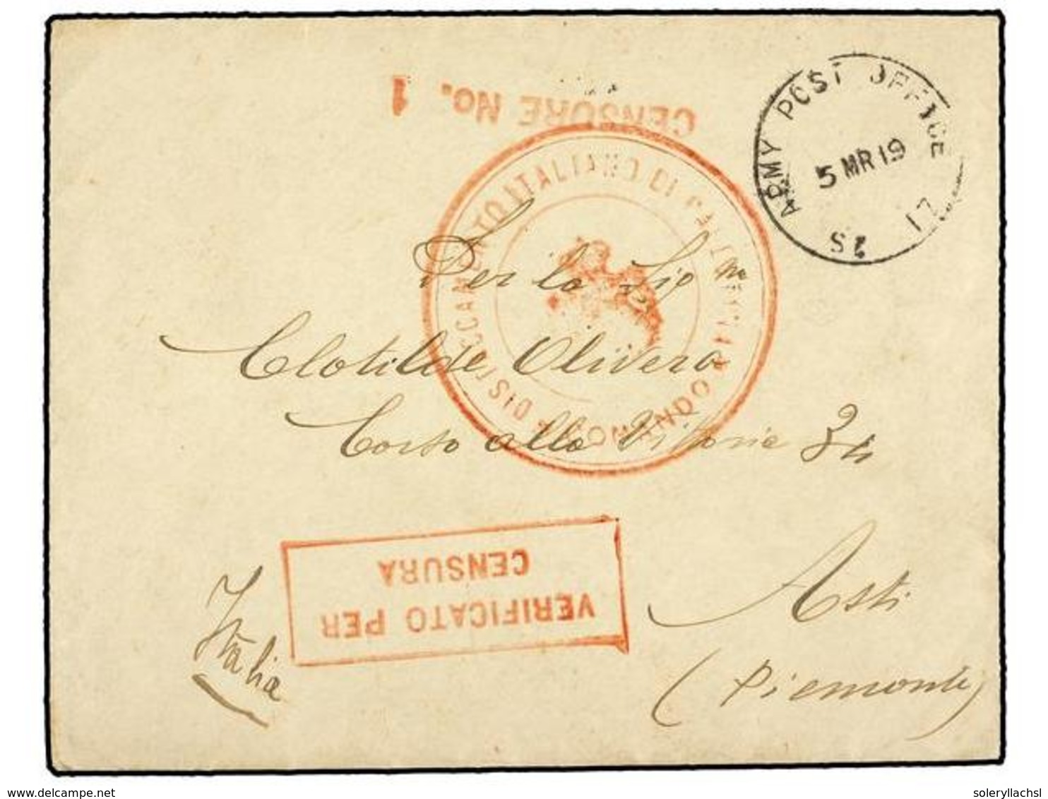 3851 PALESTINA. 1919 (5-Marzo). <B>DESTACAMENTO ITALIANO EN PALESTINA</B>. Sobre Circulado Desde JAFFA A ITALIA. Marca < - Other & Unclassified