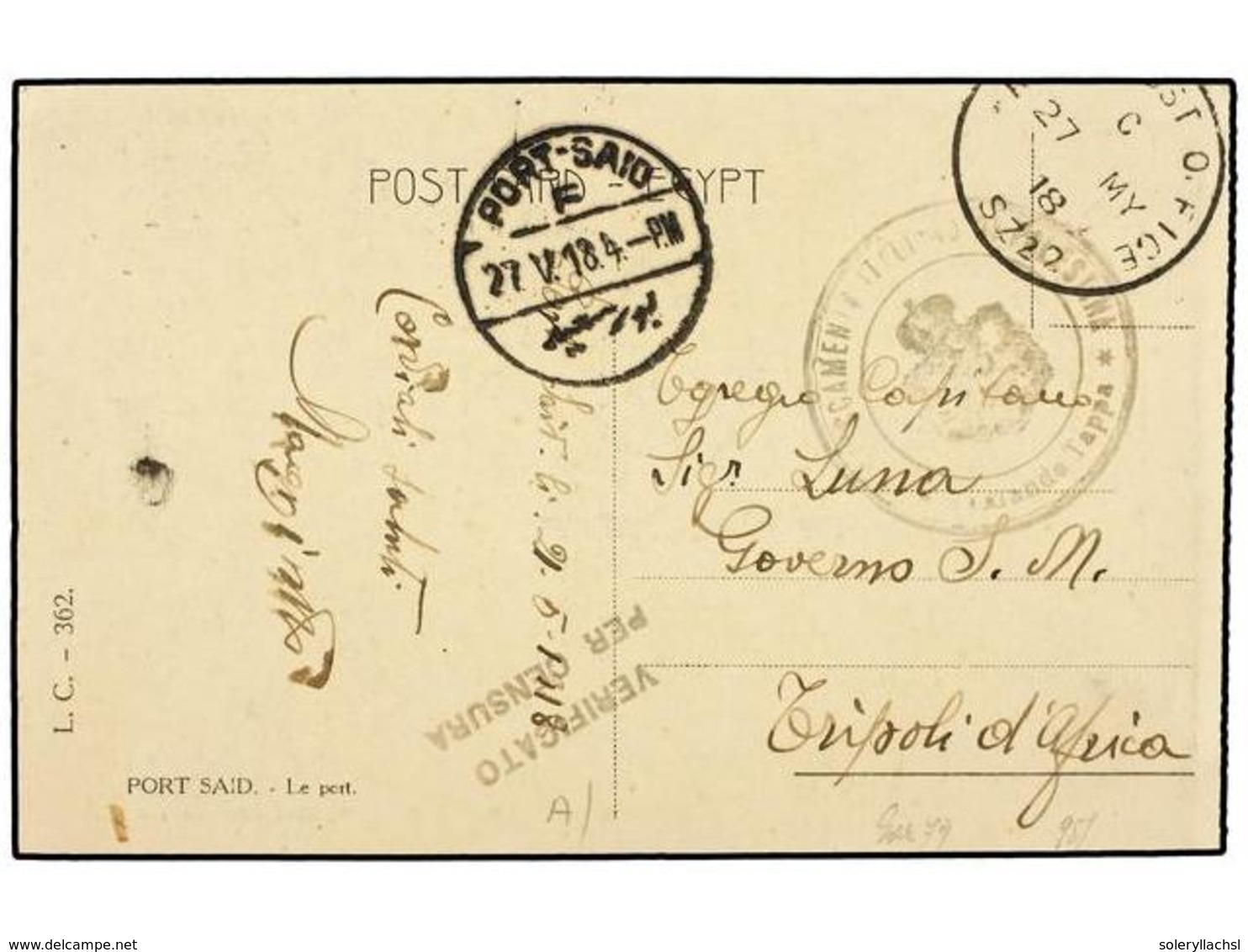 3852 PALESTINA. 1919 (27-5). <B>DESTACAMENTO ITALIANO DE PALESTINA</B>. PORT SAID A TRIPOLI. Tarjeta Postal Con Marca<B> - Other & Unclassified