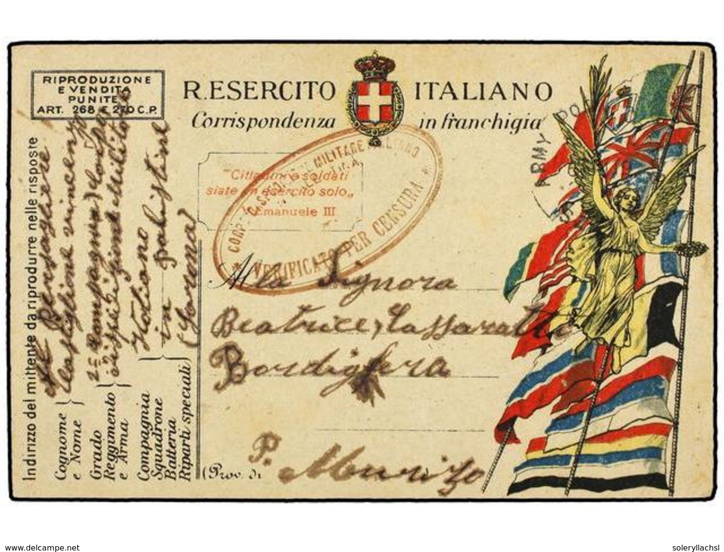 3853 PALESTINA. 1919 (6-Junio). <B>DESTACAMENTO ITALIANO EN PALESTINA</B>. Tarjeta De Franquicia Militar Circulada Desde - Other & Unclassified