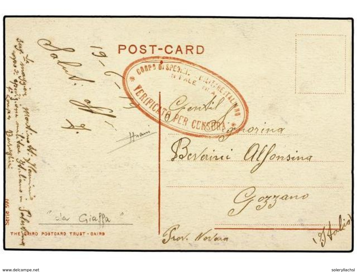 3855 PALESTINA. 1919 (19-Junio). <B>DESTACAMENTO ITALIANO EN PALESTINA</B>. JAFFA A ITALIA. Tarjeta Postal Con Marca Ova - Other & Unclassified