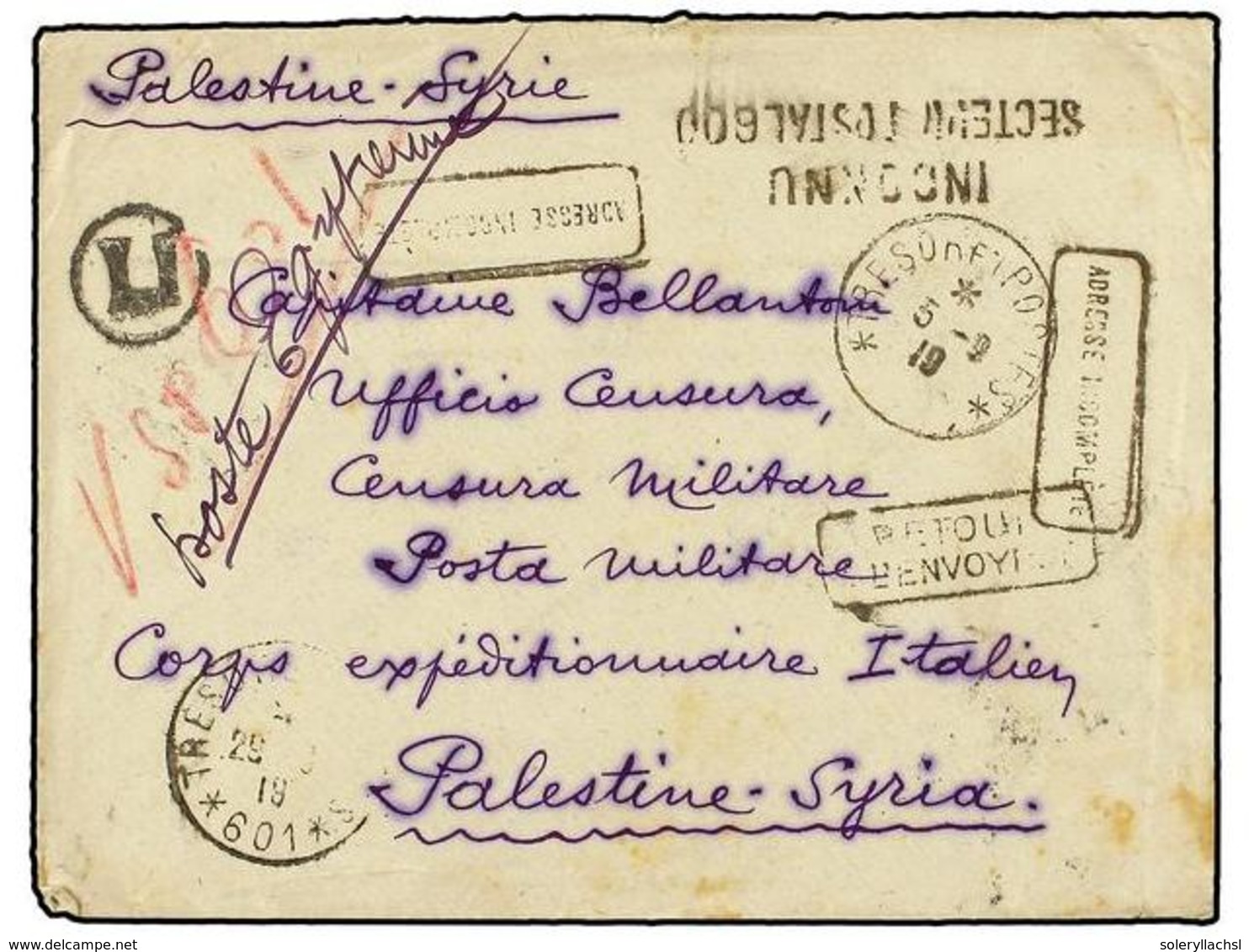 3856 PALESTINA. 1919 (5-9). <B>DESTACAMENTO ITALIANO EN PALESTINA</B>. Sobre Circulado Por El Correo Francés Con Fechado - Autres & Non Classés