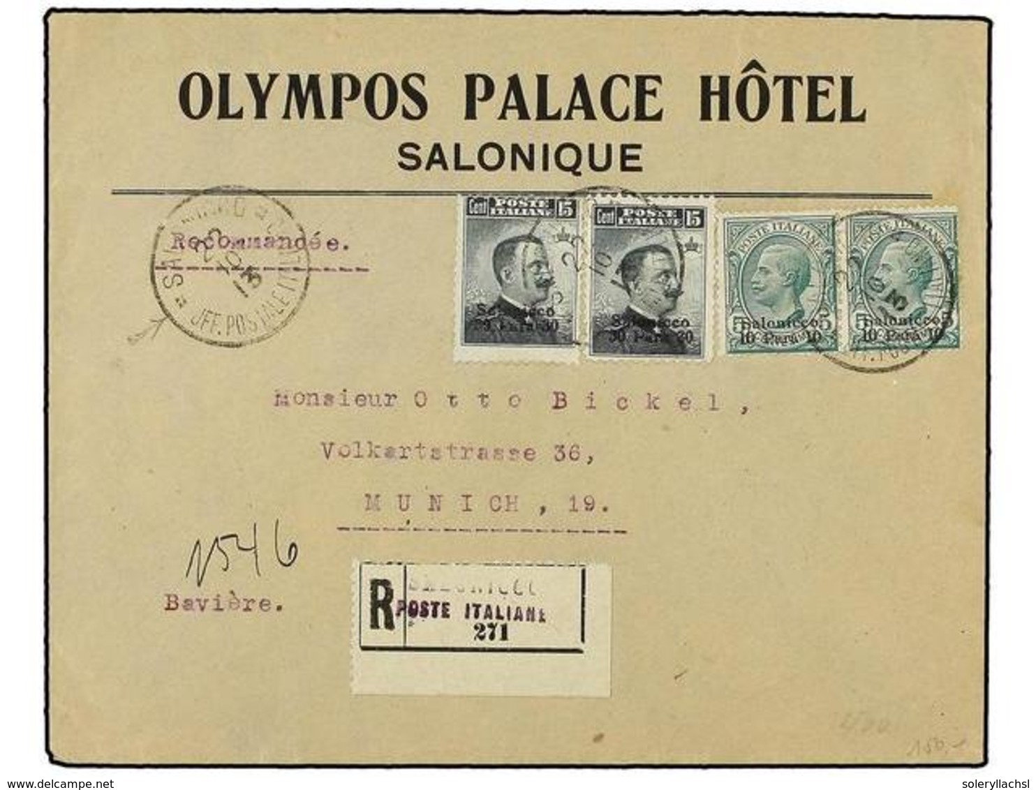 3857 COLONIAS ITALIANAS. Sa.1 (2), 3 (2). 1913 (22-10). <B>SALONICA. </B>SALONICO A ALEMANIA. <B>30 S. 15 Cts.</B> Gris  - Sonstige & Ohne Zuordnung