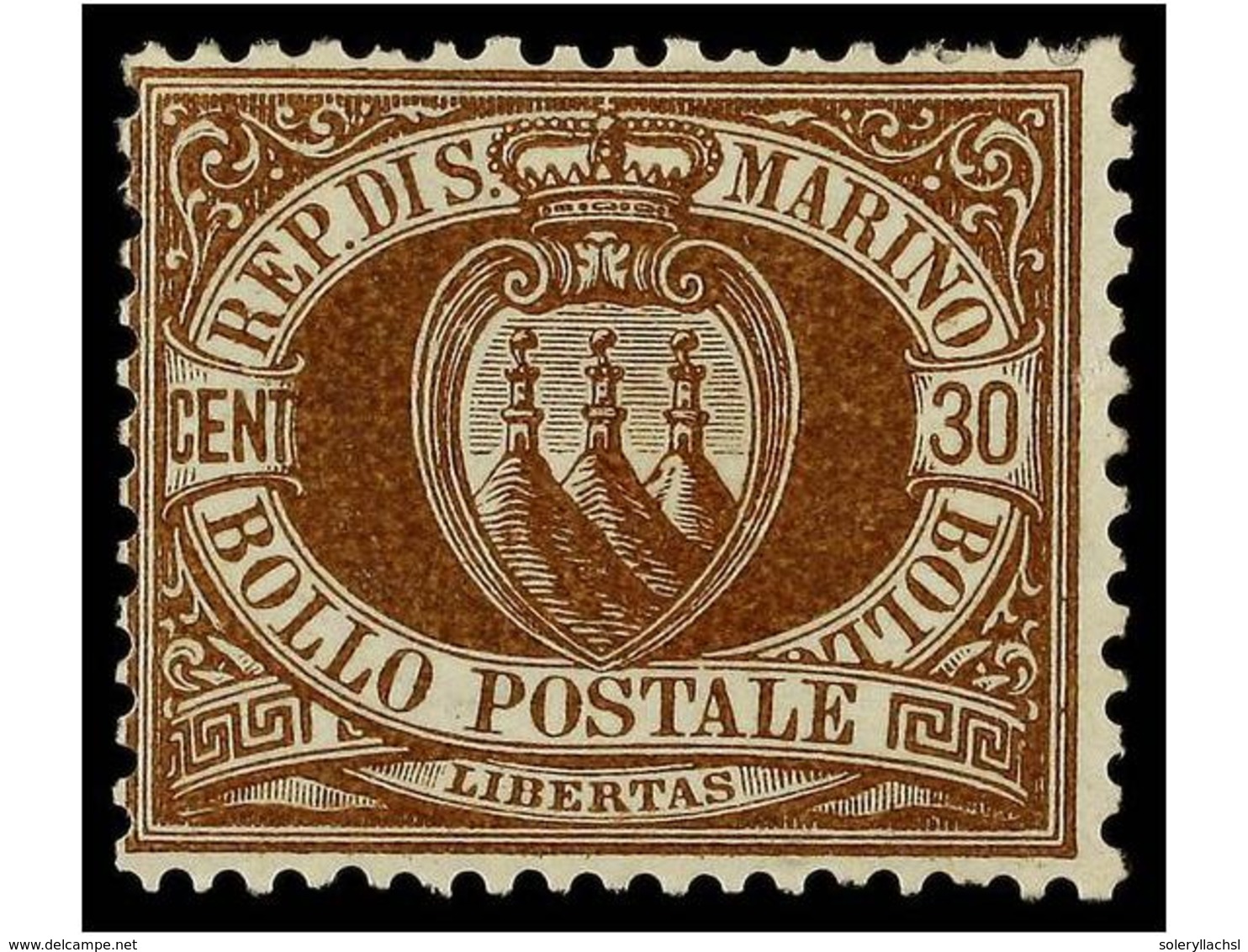 3858 * SAN MARINO. Yv.6. 1877. <B>30 Cent.</B> Castaño. Bonito Ejemplar. Yvert.900?. - Sonstige & Ohne Zuordnung