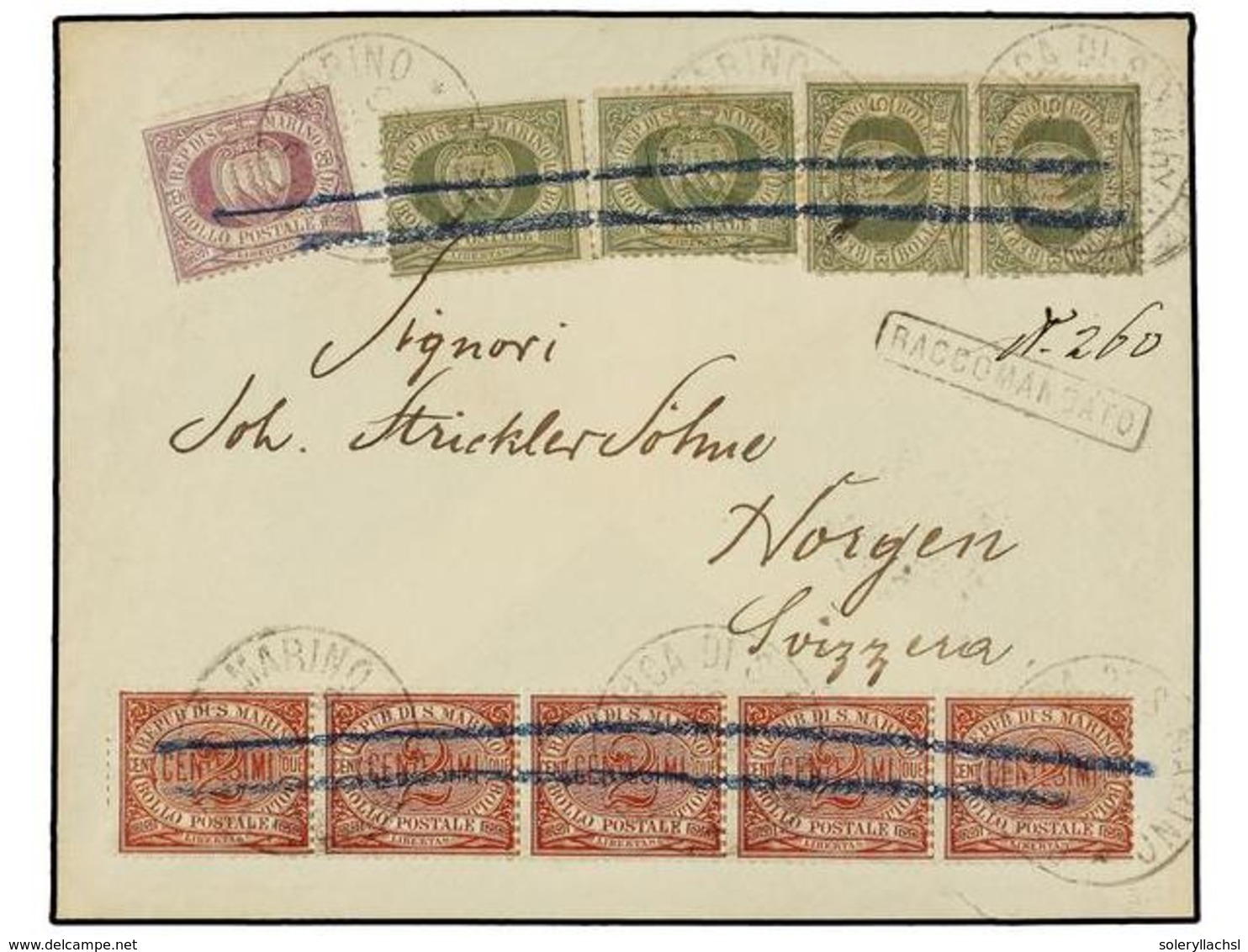 3861 SAN MARINO. Sa.26 (5), 27 (4), 29. 1896. SAN MARINO A SUIZA. <B>2 Cents.</B> Castaño Rojo, Tira De Cinco, <B>5 Cts. - Sonstige & Ohne Zuordnung