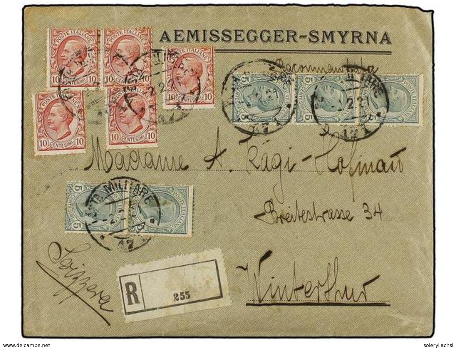 3862 COLONIAS ITALIANAS. 1921. <B>SMYRNA. </B>SMYRNA A SUIZA. Circulada Con Sellos Italianos De <B>5 Cents.</B> (5) Y <B - Sonstige & Ohne Zuordnung