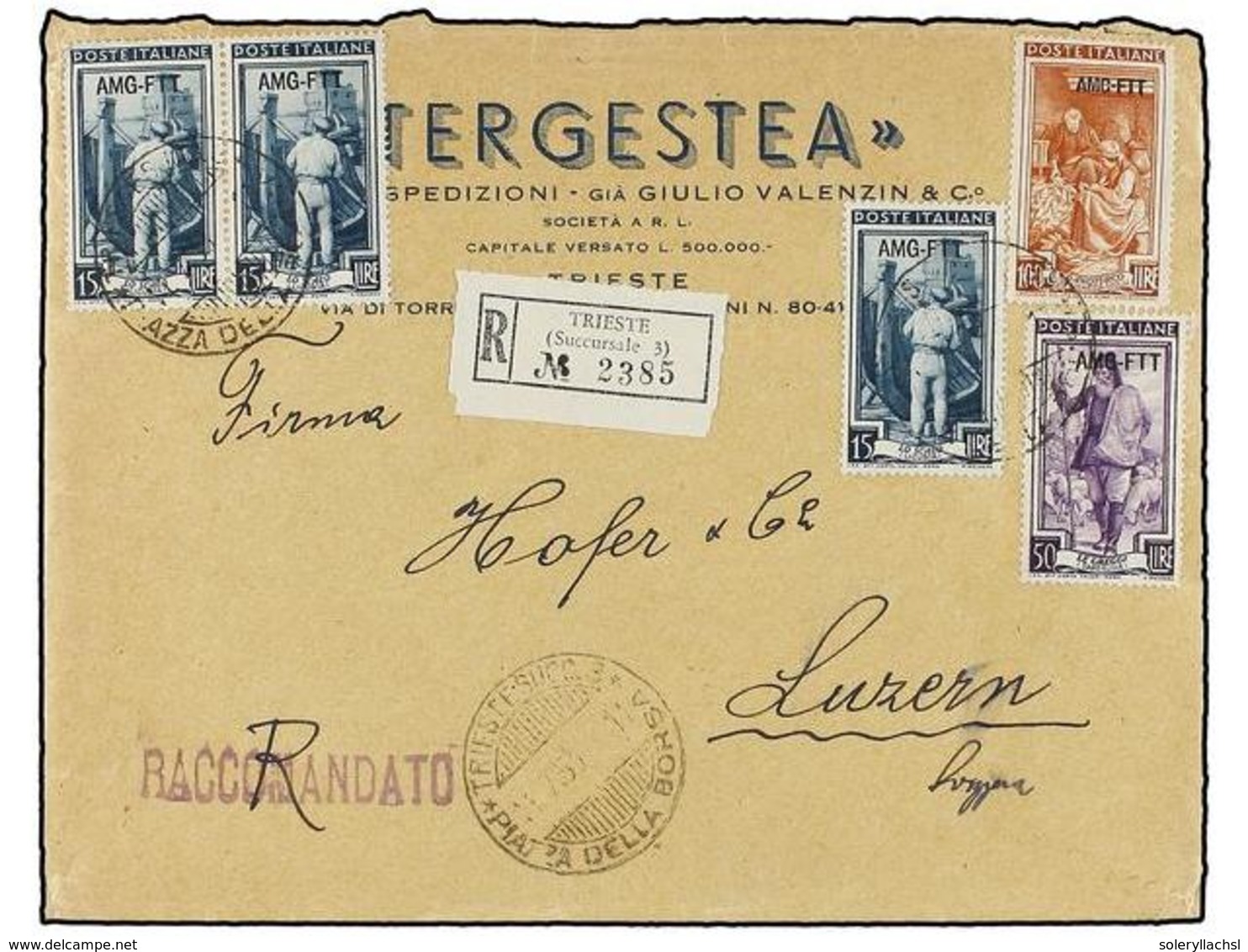 3891 TRIESTE. 1953. TRIESTE A LUZERN (Suiza). <B>15 Liras</B> (3),<B> 50 Liras</B> Y<B> 100 Liras</B>, Al Dorso Llegada. - Sonstige & Ohne Zuordnung