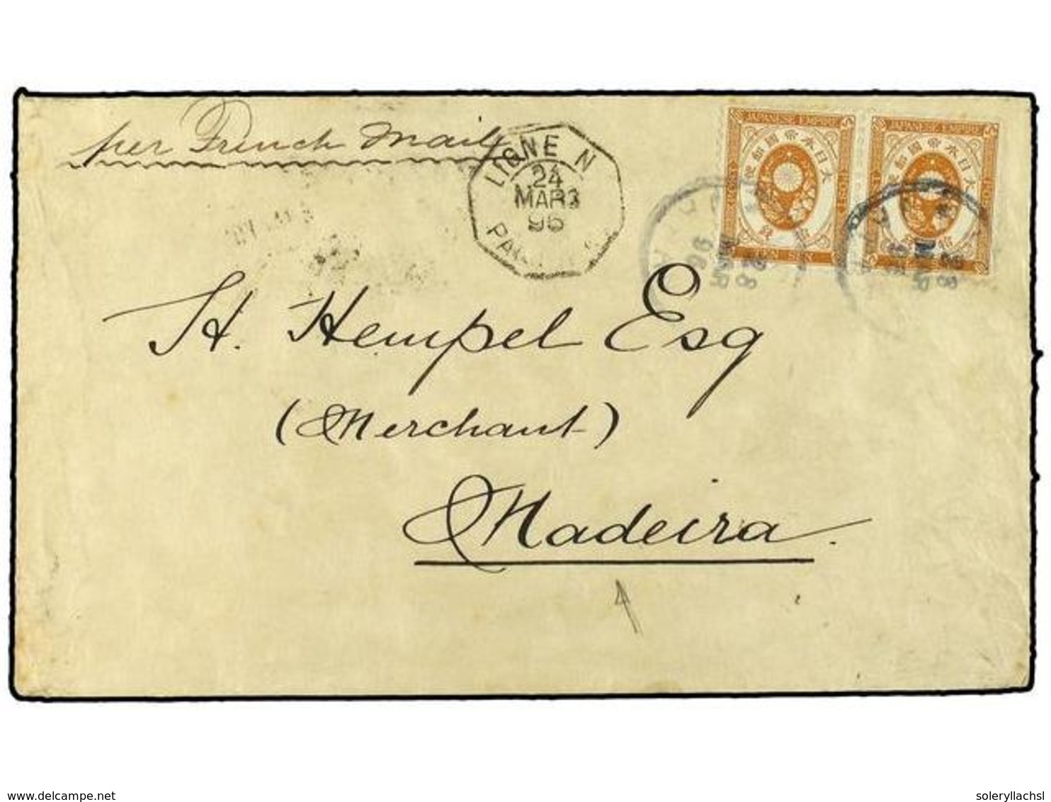 3908 JAPON. 1896 (March 23). Cover From Tokio To Madeira Franked By Koban <B>10s</B>. Brown (2) With Octagonal <B>'Ligne - Other & Unclassified