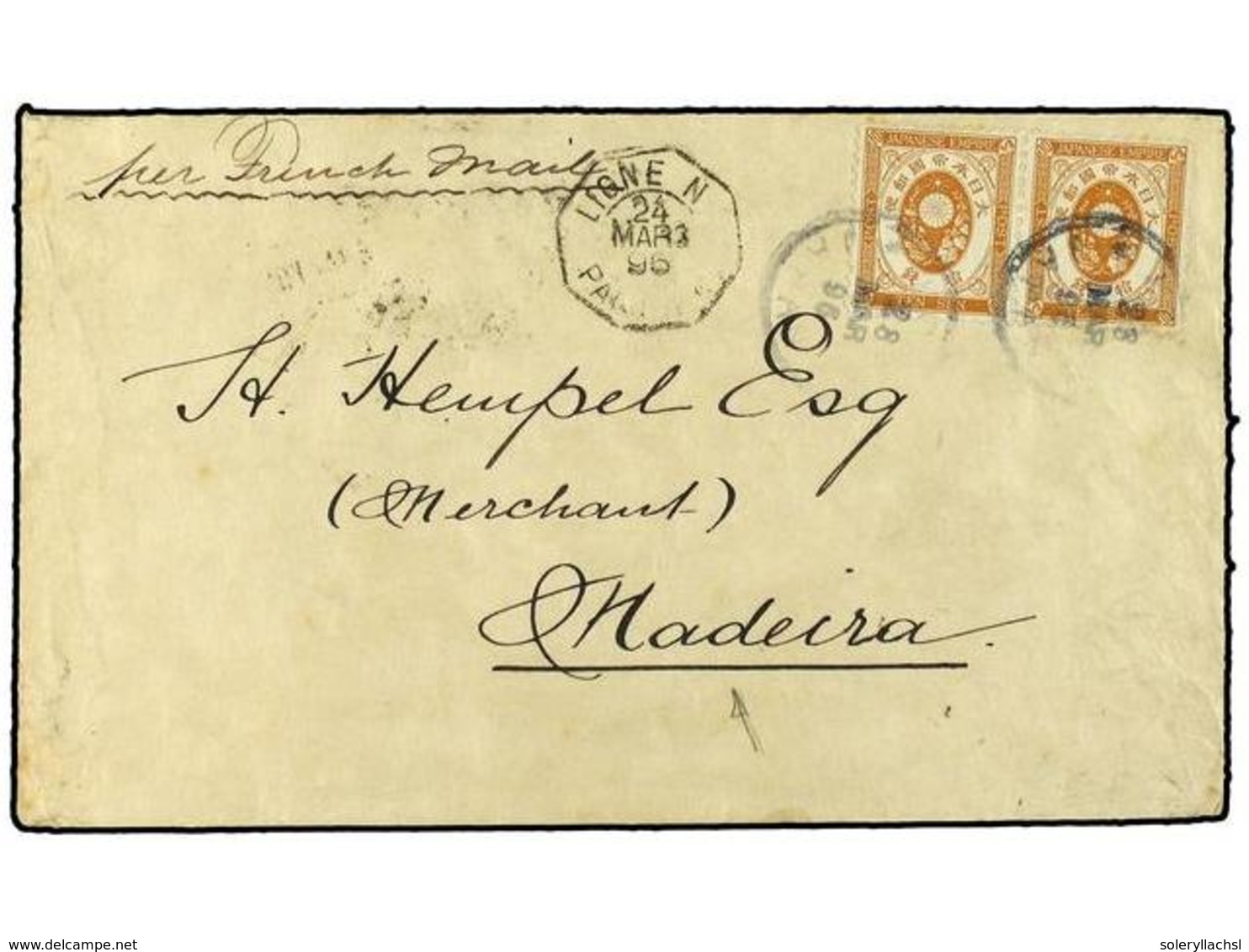 3908 JAPON. 1896 (March 23). Cover From Tokio To Madeira Franked By Koban <B>10s</B>. Brown (2) With Octagonal <B>'Ligne - Sonstige & Ohne Zuordnung