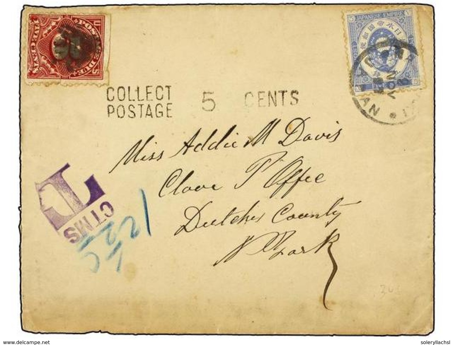 3910 JAPON. 1897. NAGASAKI To U.S.A. <B>5 Sen</B> Blue, Taxed On Arrival With U.S.A. <B>5 Cents</B> Red Stamp (fault). - Sonstige & Ohne Zuordnung