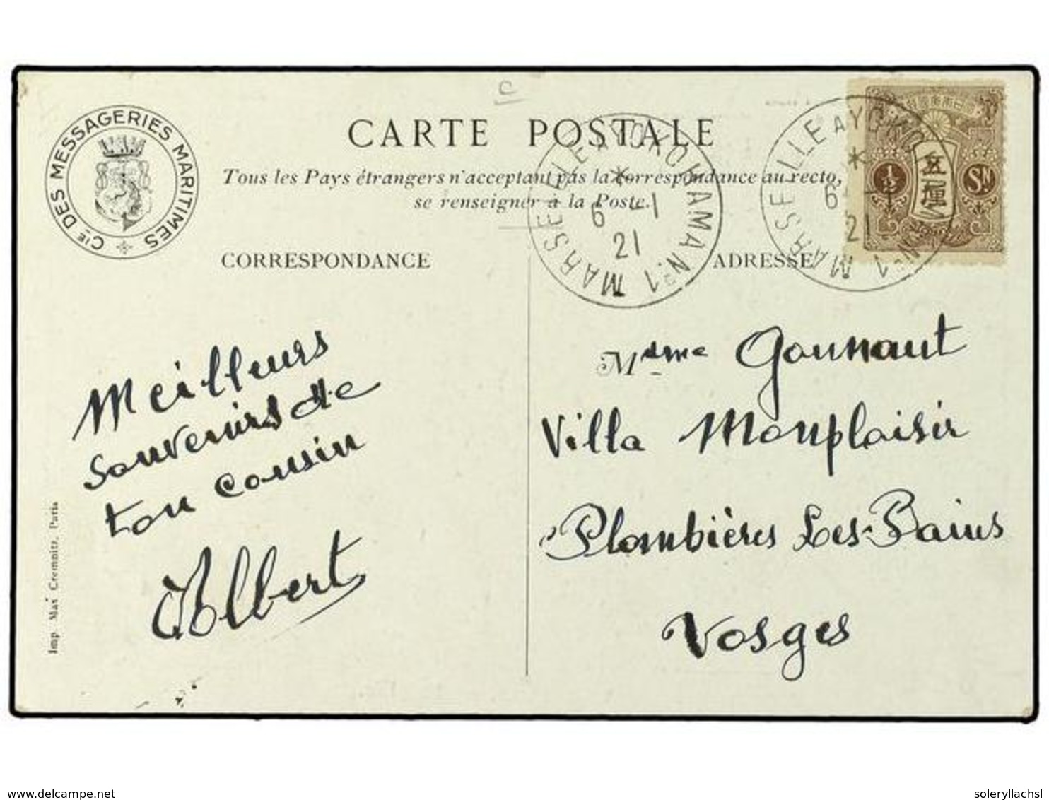 3923 JAPON. 1921. Picture Post Card From The French <B>MESSAGERIES MARITIMES, YOKOHAMA</B> Addressed To France Bearing<B - Sonstige & Ohne Zuordnung