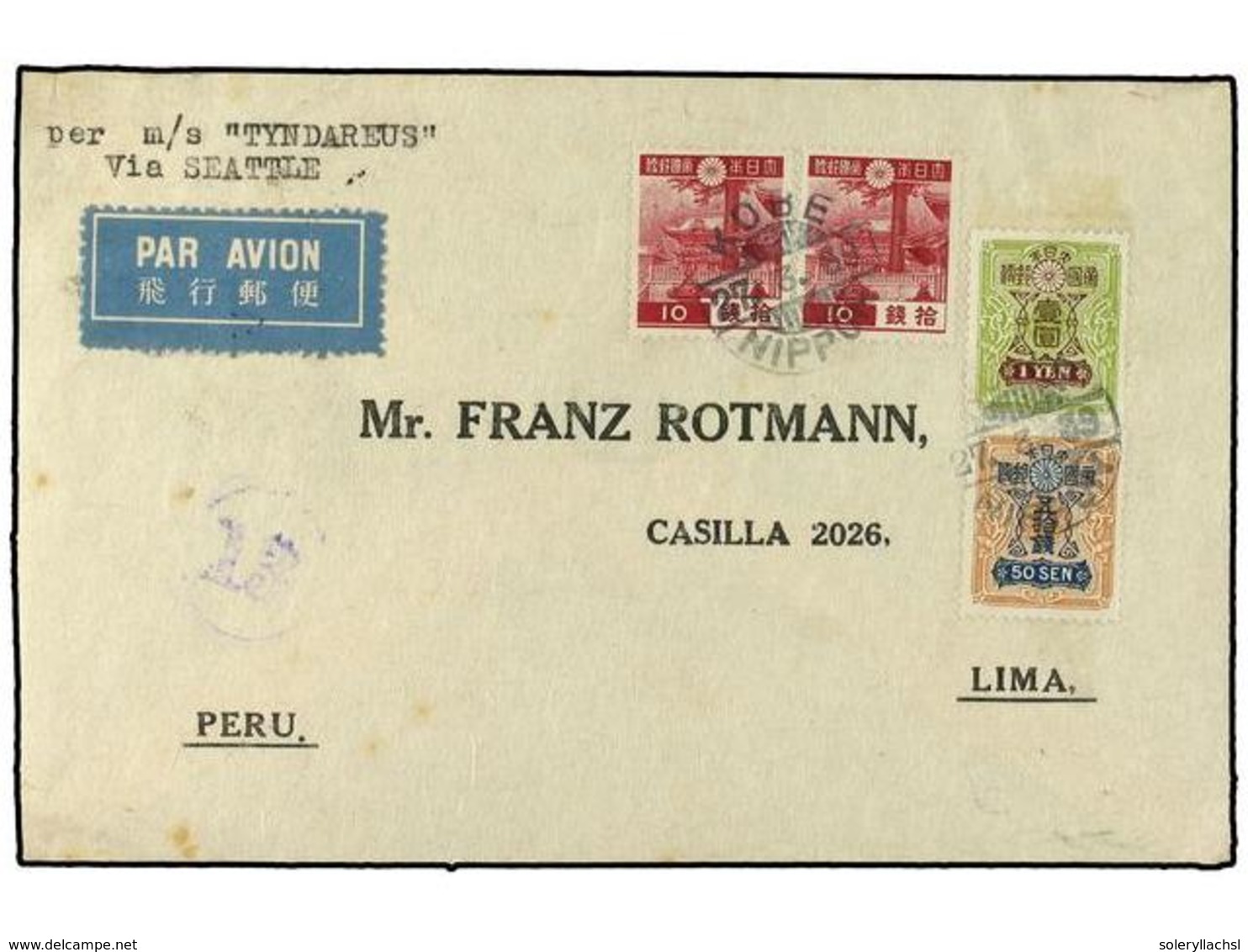 3926 JAPON. 1939. Airmail Envelope To Lima, Peru, Franked <B>50s. + 1y</B>. Of 1937 And <B>10s</B>(2) Of <B>1937-40</B>  - Other & Unclassified