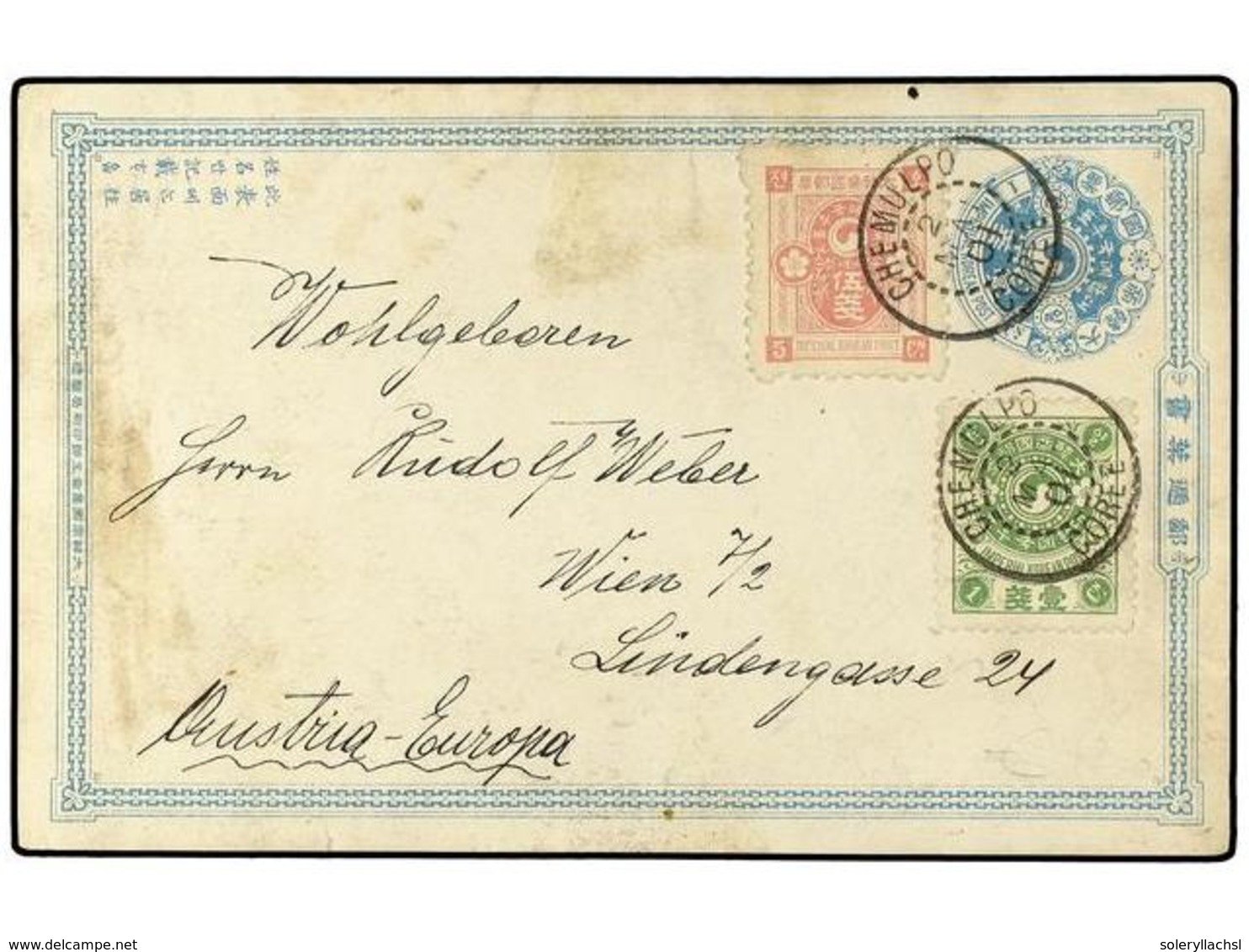 3935 COREA. 1901. CHEMULPO A AUSTRIA. Entero Postal De <B>1 Cn.</B> Azul Con Franqueo Complementario De <B>1 Cn.</B> Ver - Sonstige & Ohne Zuordnung