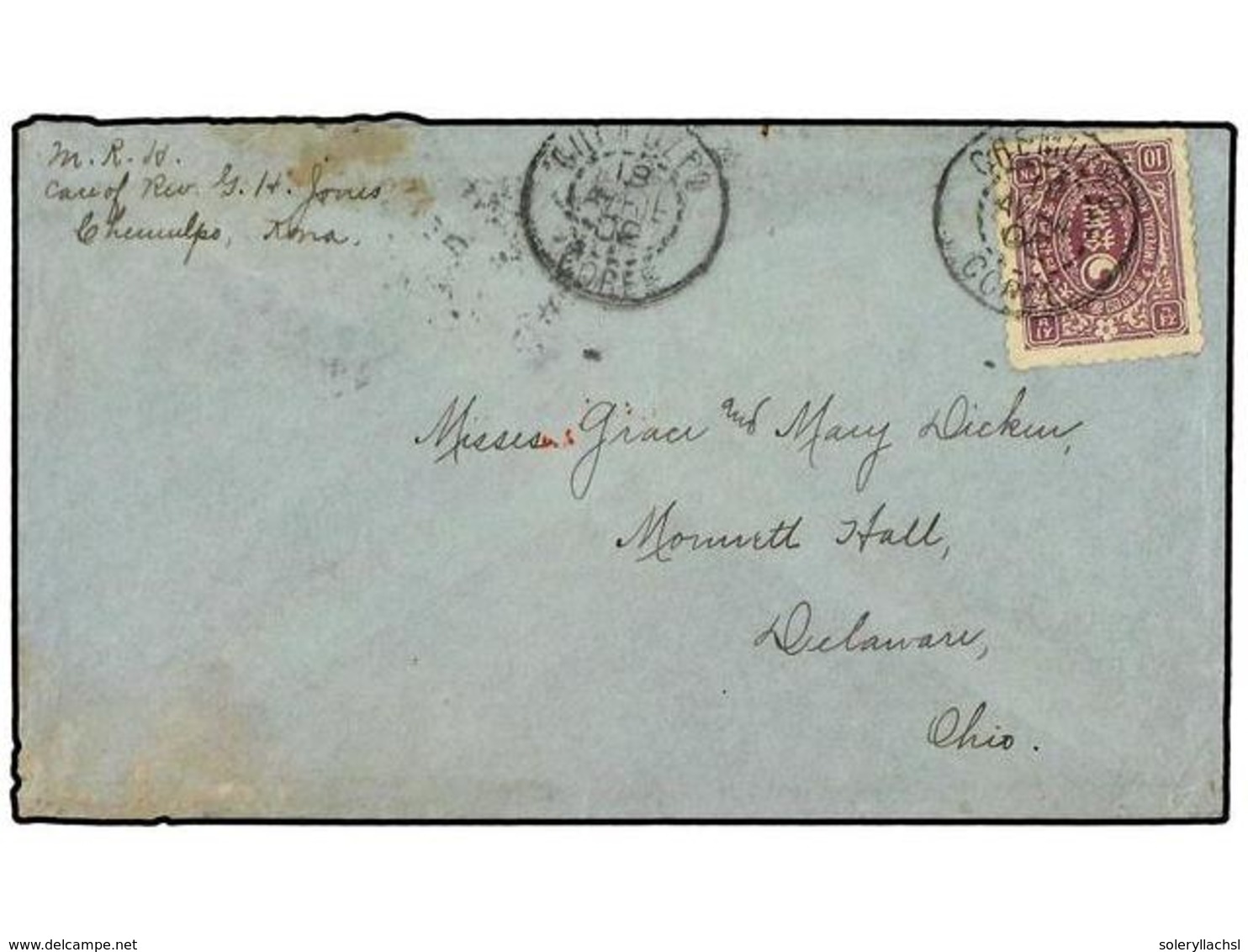 3936 COREA. 1902. Cover To DELAWARE, USA Franked By Single <B>1901 10 Ch.</B> Purple, Perf <B>11-11 1/2,</B> Tied By <B> - Sonstige & Ohne Zuordnung