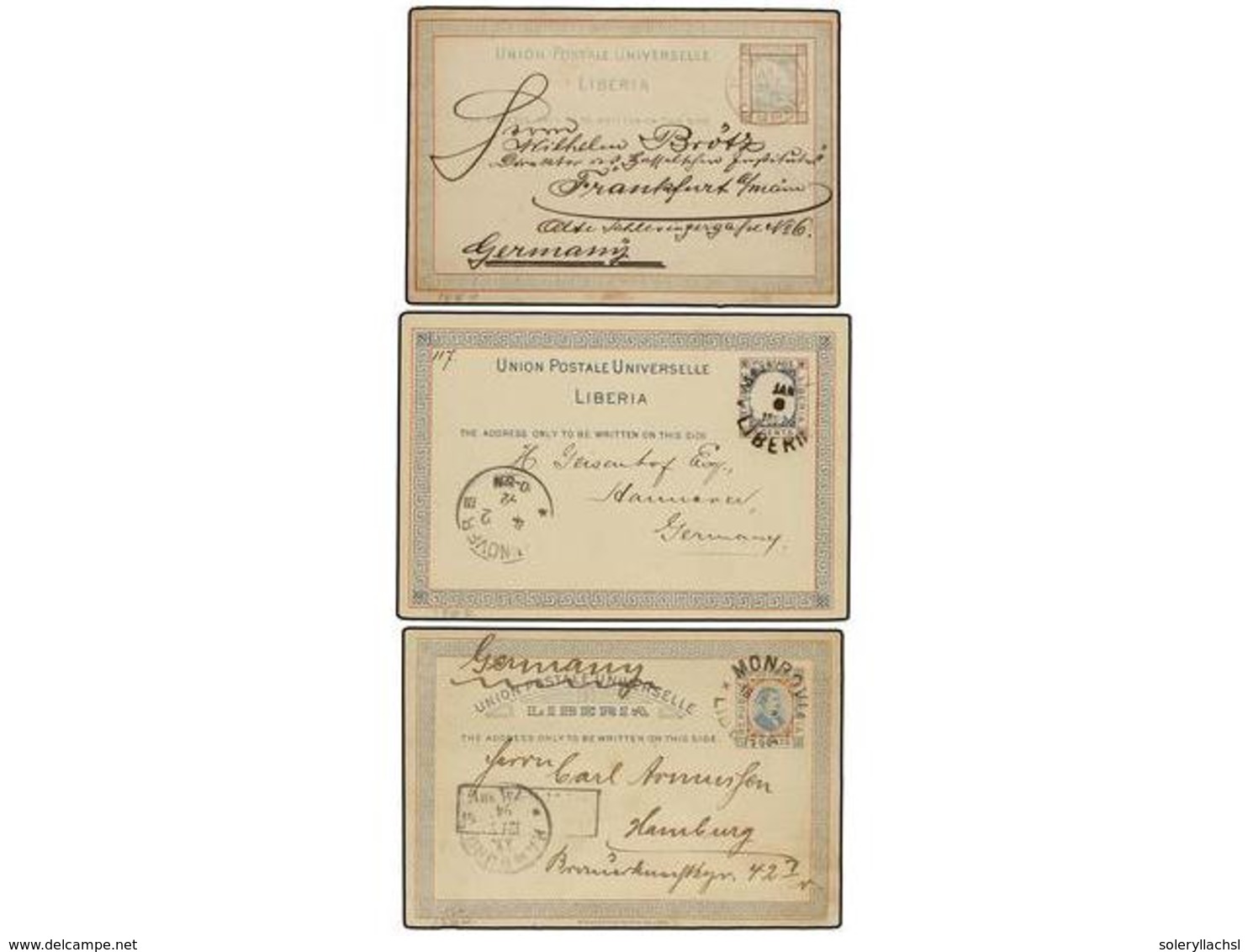 3957 LIBERIA. 1889-94. <B>3c.</B> Blue & Red On Buff Postal Stationery Cards (3), All Being Used Examples Demonstrating  - Other & Unclassified