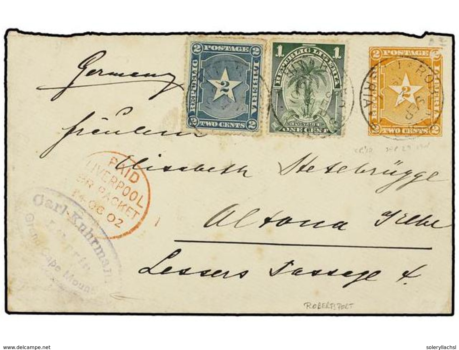 3966 LIBERIA. 1902. <B>2 Cts.</B> Postal Stationary Envelope Uprated <B>1 Ct.</B> And <B>2 Cts.</B> Tied By<B> ROBERTSFO - Sonstige & Ohne Zuordnung