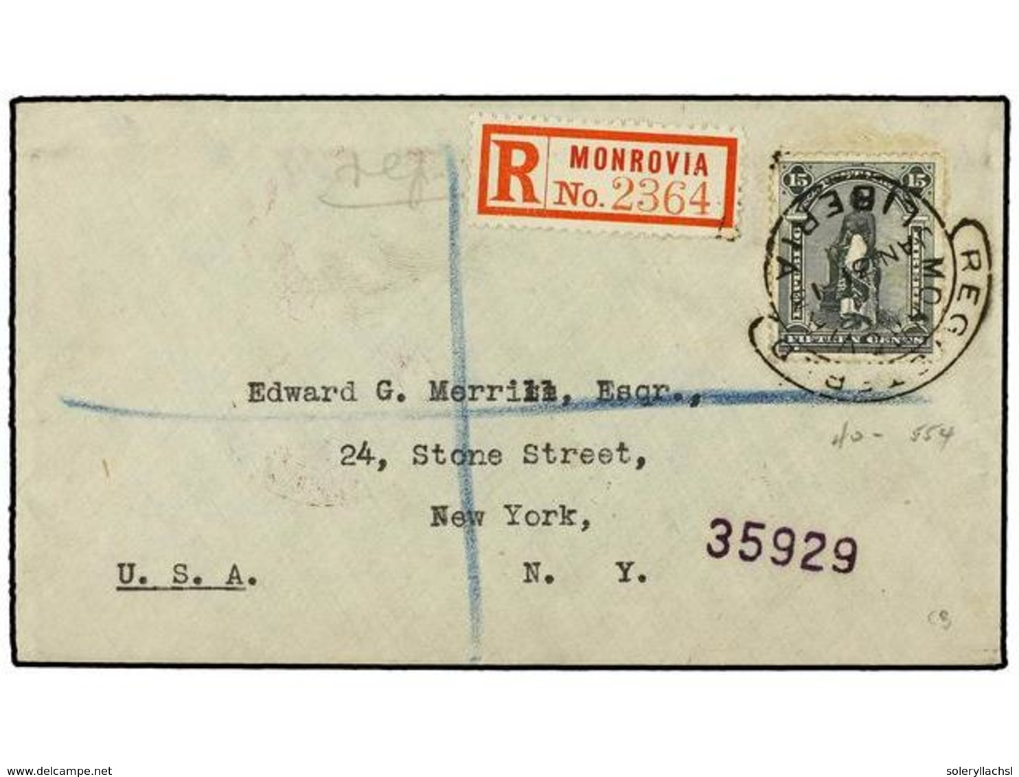 3968 LIBERIA. 1913. <B>15 Cts.</B> Grey Tied By <B>REGISTERED/MONROVIA/LIBERIA</B> Datestamp, Addressed To NEW YORK.<B>  - Other & Unclassified