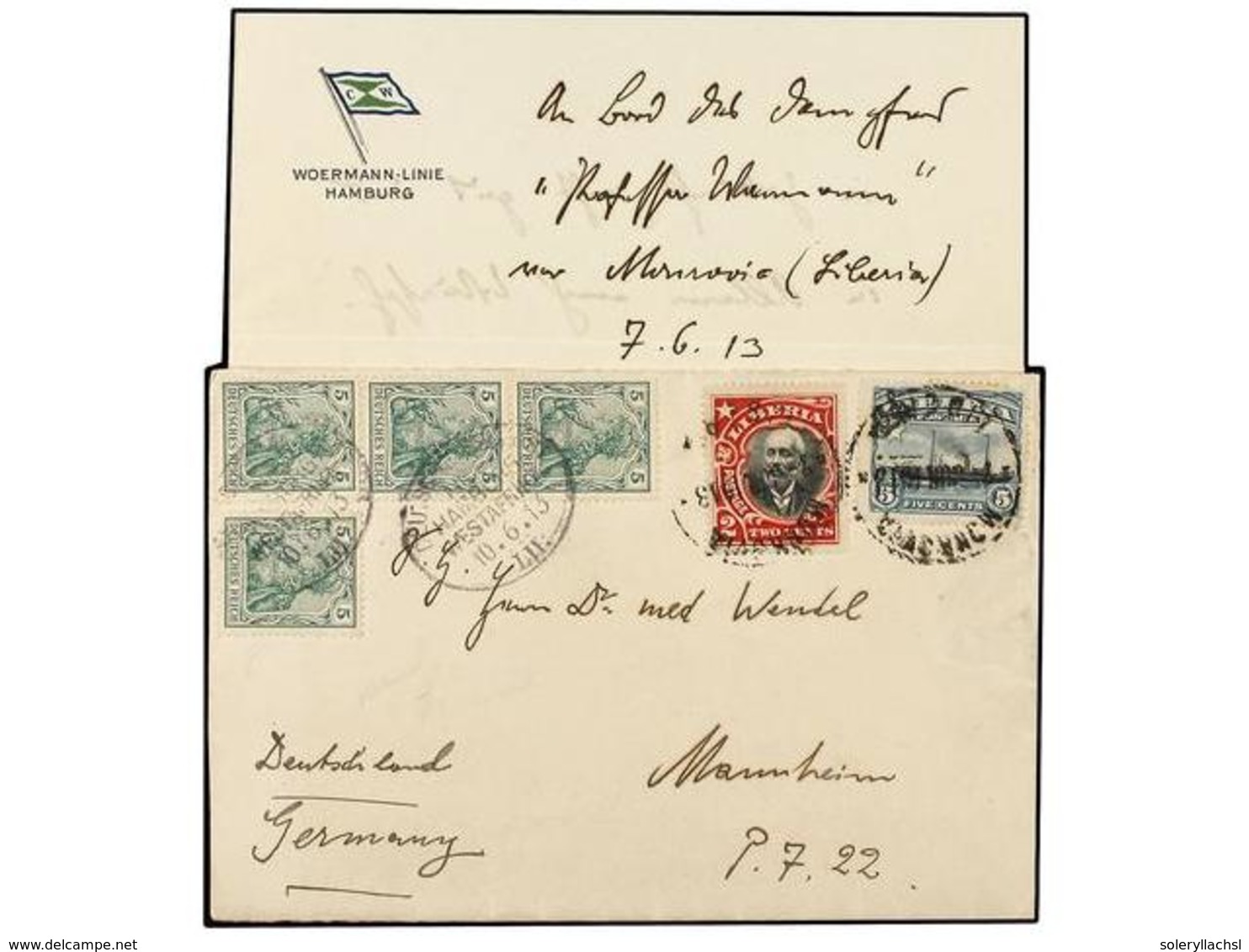 3969 LIBERIA. 1913. MONROVIA To GERMANY. Letter Written Onboard A Steamship Of The Woermann Line. It Was Taken To The Po - Sonstige & Ohne Zuordnung