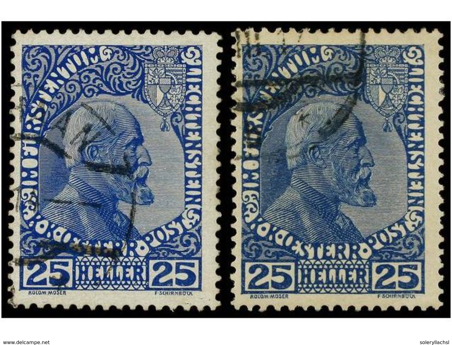 3982 ° LIECHTENSTEIN. Mi.3x, 3ya. 1912. <B>25 Heller</B> Blue. 2 Stamps, Normal And Chalky Paper. Fine In Used. Michel.2 - Sonstige & Ohne Zuordnung