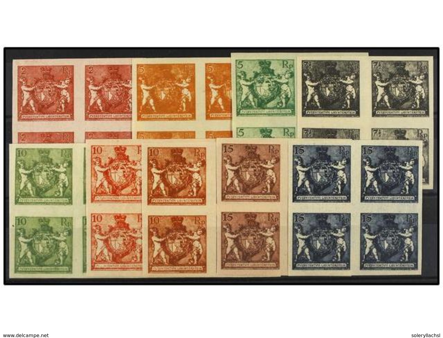 3985 (*) LIECHTENSTEIN. Mi.45 (4), 48 (8), 49 (4), 50 (12), 52 (8) PK. 1921. Imperforate <B>PROOFS</B> In Block Of Four. - Other & Unclassified