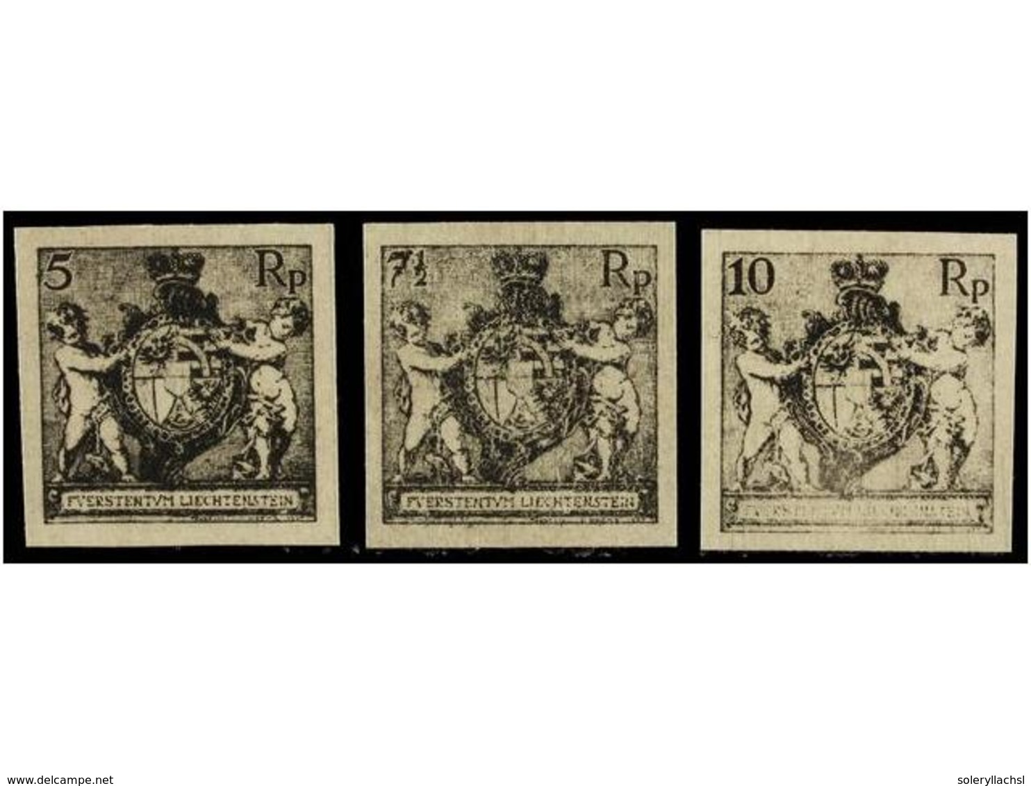 3996 (*) LIECHTENSTEIN. Mi.48/50 (4) PK. 1921. THREE Imperforate <B>PROOFS</B>. <B>5 Rp., 7 1/2 </B>and <B>10 Rp.</B> In - Other & Unclassified