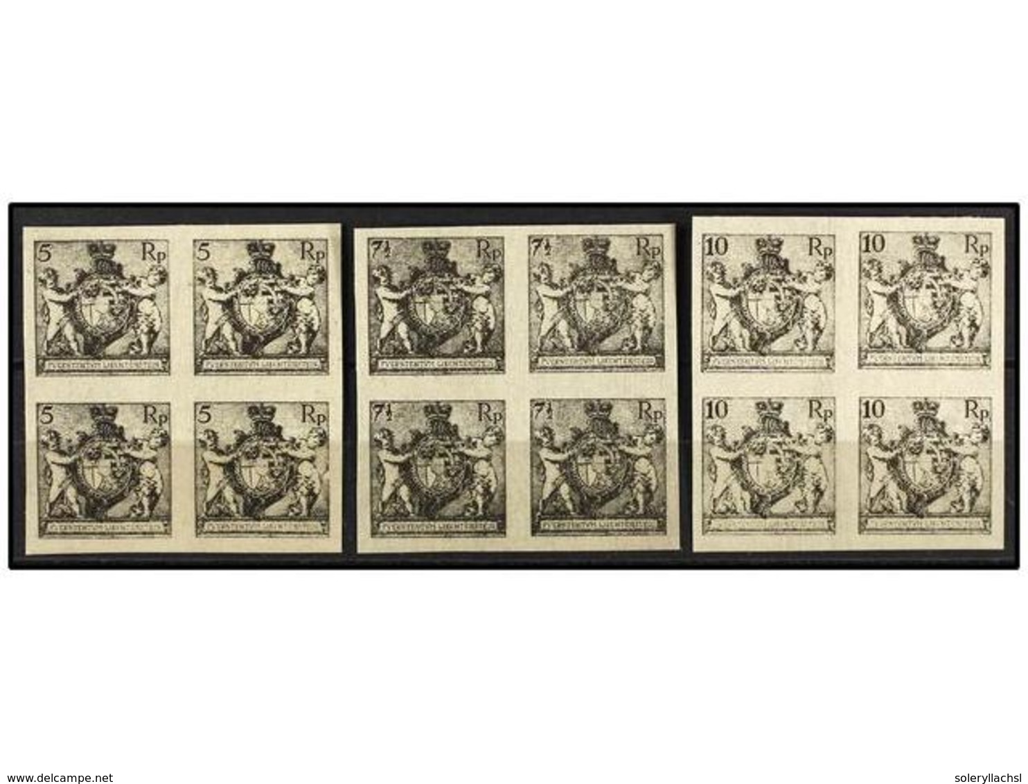 3997 (*) LIECHTENSTEIN. Mi.48/50 (4) PK. 1921. THREE Imperforate <B>PROOFS</B> In Block Of Four. <B>5 Rp., 7 1/2 Rp.</B> - Other & Unclassified