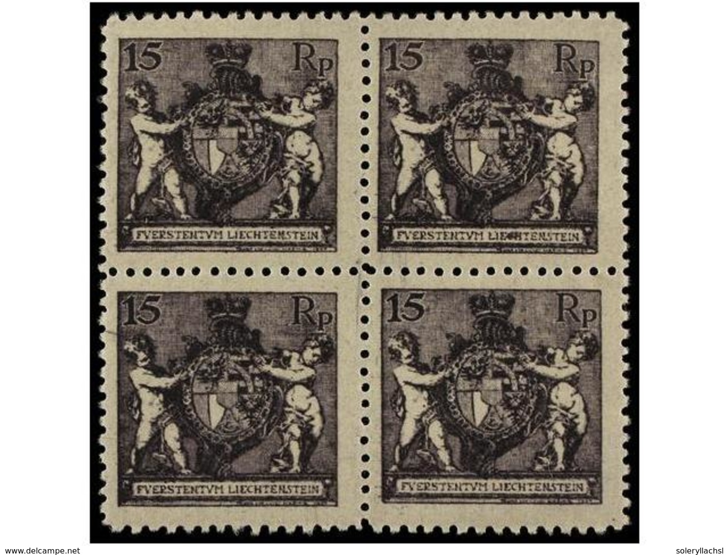 3998 **/* LIECHTENSTEIN. Mi.52B (4). 1921. <B>15 Rp,</B> Black-violet, Perf. 12 1/2. Block Of Four, Two Hinged. Michel.2 - Autres & Non Classés