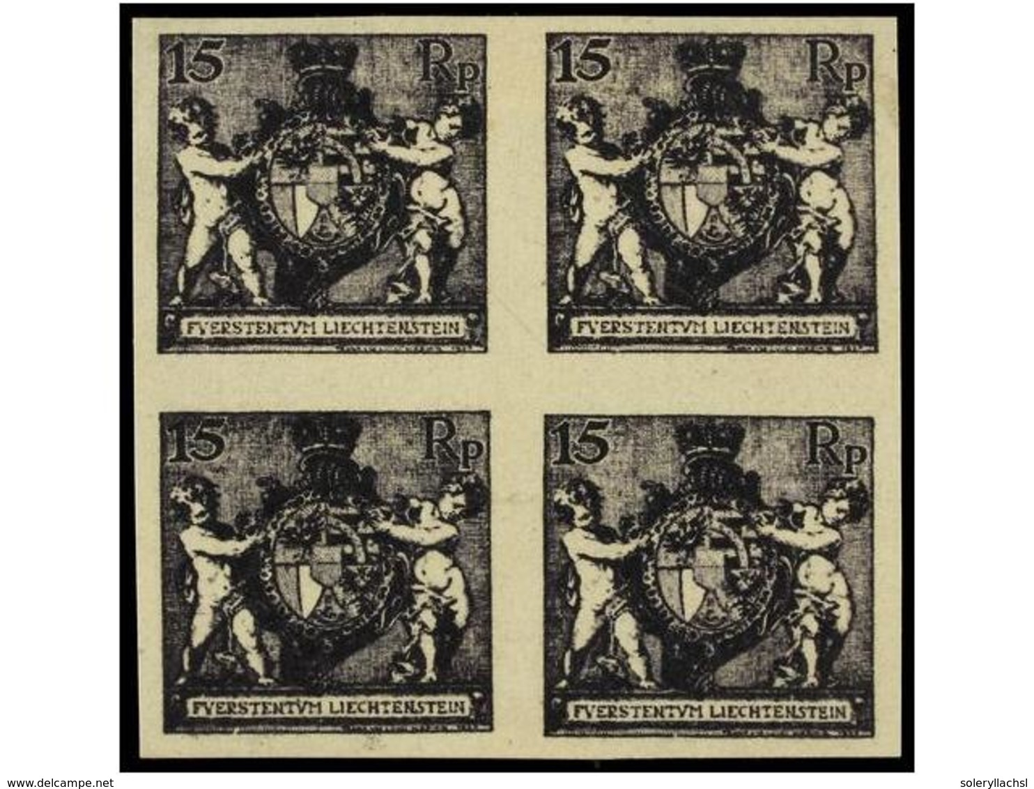 3999 (*) LIECHTENSTEIN. Mi.52 PK. 1921. <B>15 Rp. </B>black Violet. Imperforate <B>PROOFS</B>, Block Of Four. Original P - Sonstige & Ohne Zuordnung