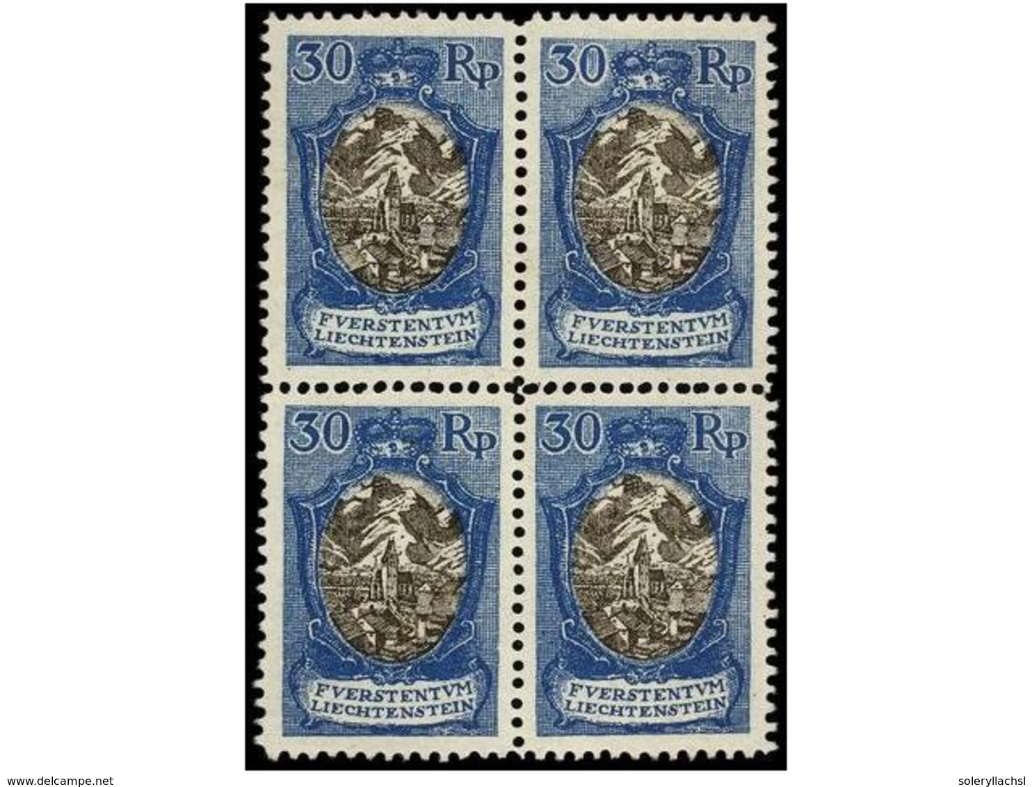 4016 **/* LIECHTENSTEIN. Yv.64. 1925. <B>30 Rp.</B> Blue And Black. Block Of Four (one Stamp Hinged). Partial Horizontal - Sonstige & Ohne Zuordnung