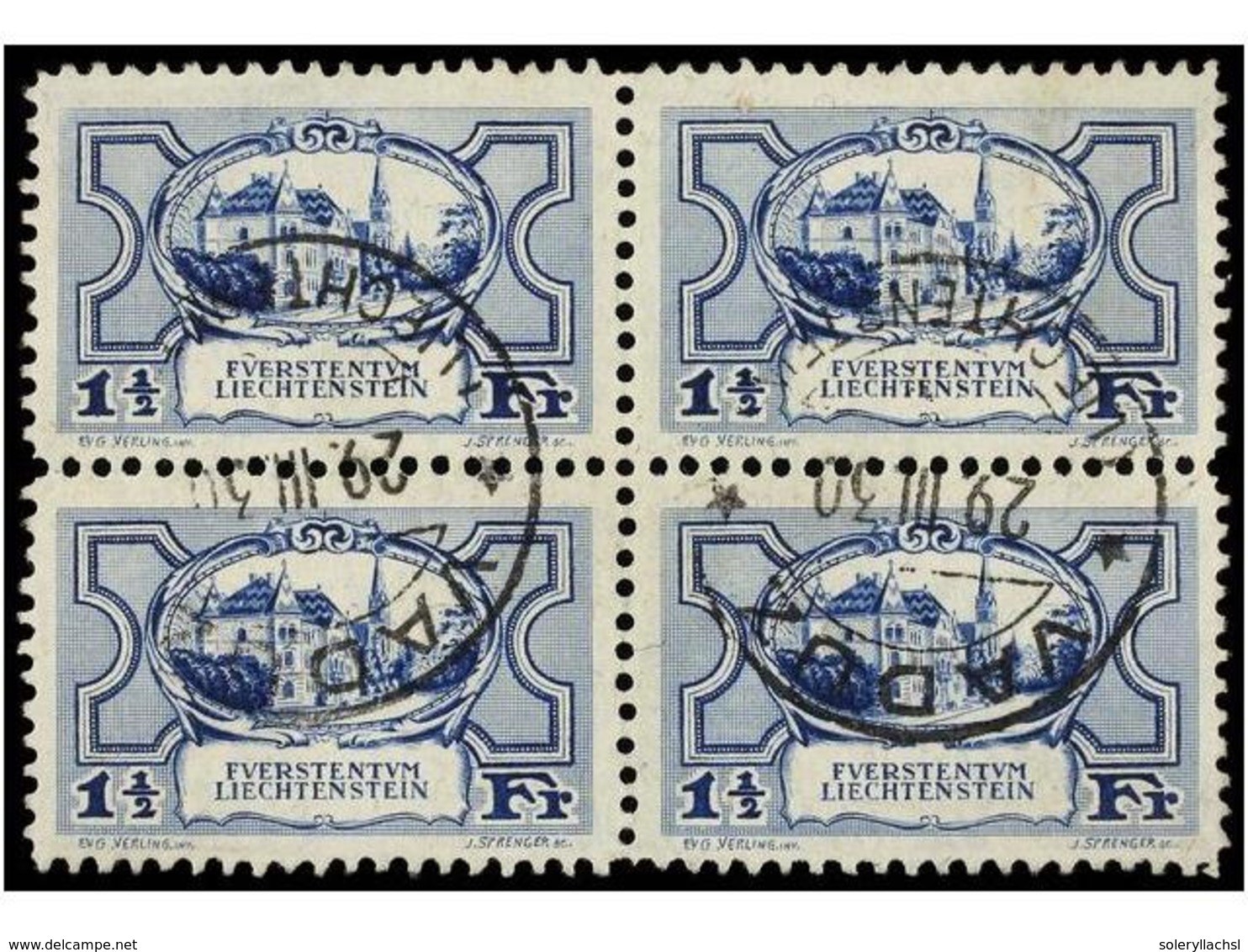 4017 ° LIECHTENSTEIN. Mi.71 (4). 1924. <B>1 1/2 Fr.</B> Blue. Block Of Four. Fine In Used. Michel.320?. - Other & Unclassified