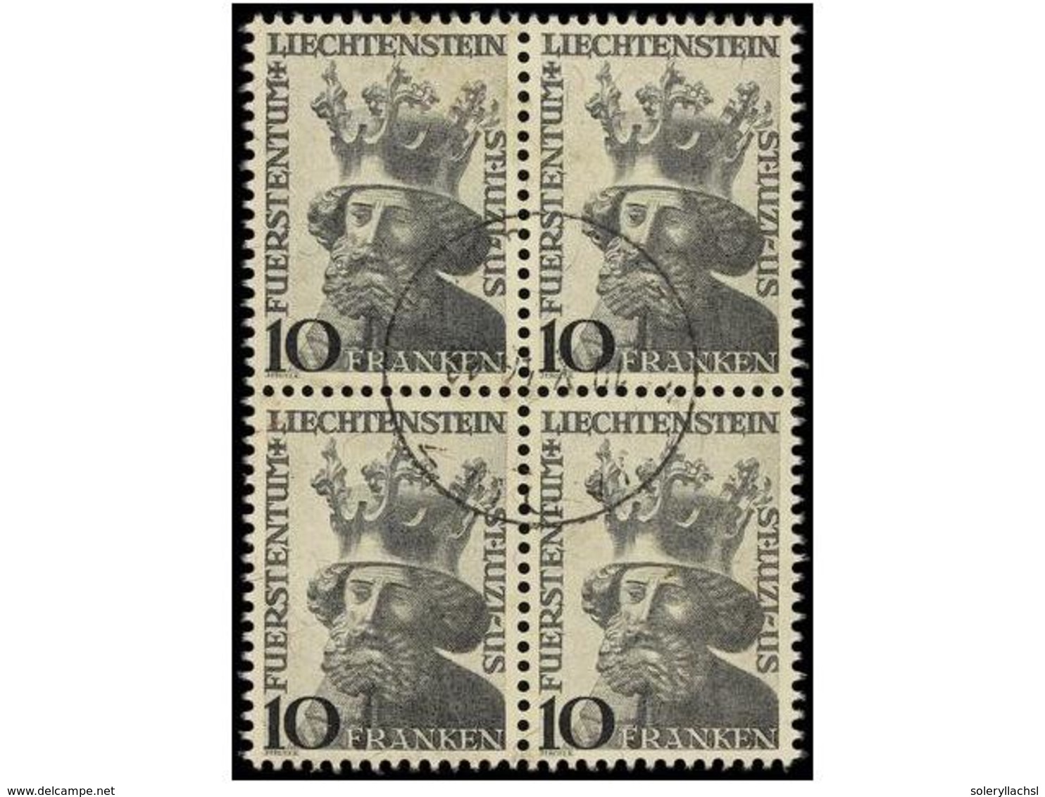 4034 ° LIECHTENSTEIN. Mi.247 (4). 1946. <B>10 Fr.</B> Black On Yellow. Block Of Four. Fine In Used. Michel.160?. - Sonstige & Ohne Zuordnung