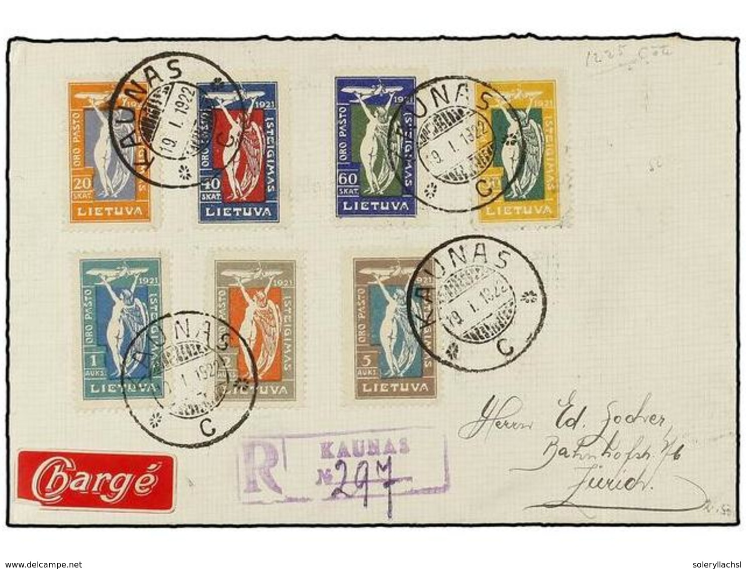 4054 LITUANIA. Yv.A-1/7. 1922 (19-I). KAUNAS A ZURICH. Serie Completa En Carta Circulada Por Correo Aéreo, Al Dorso Lleg - Sonstige & Ohne Zuordnung