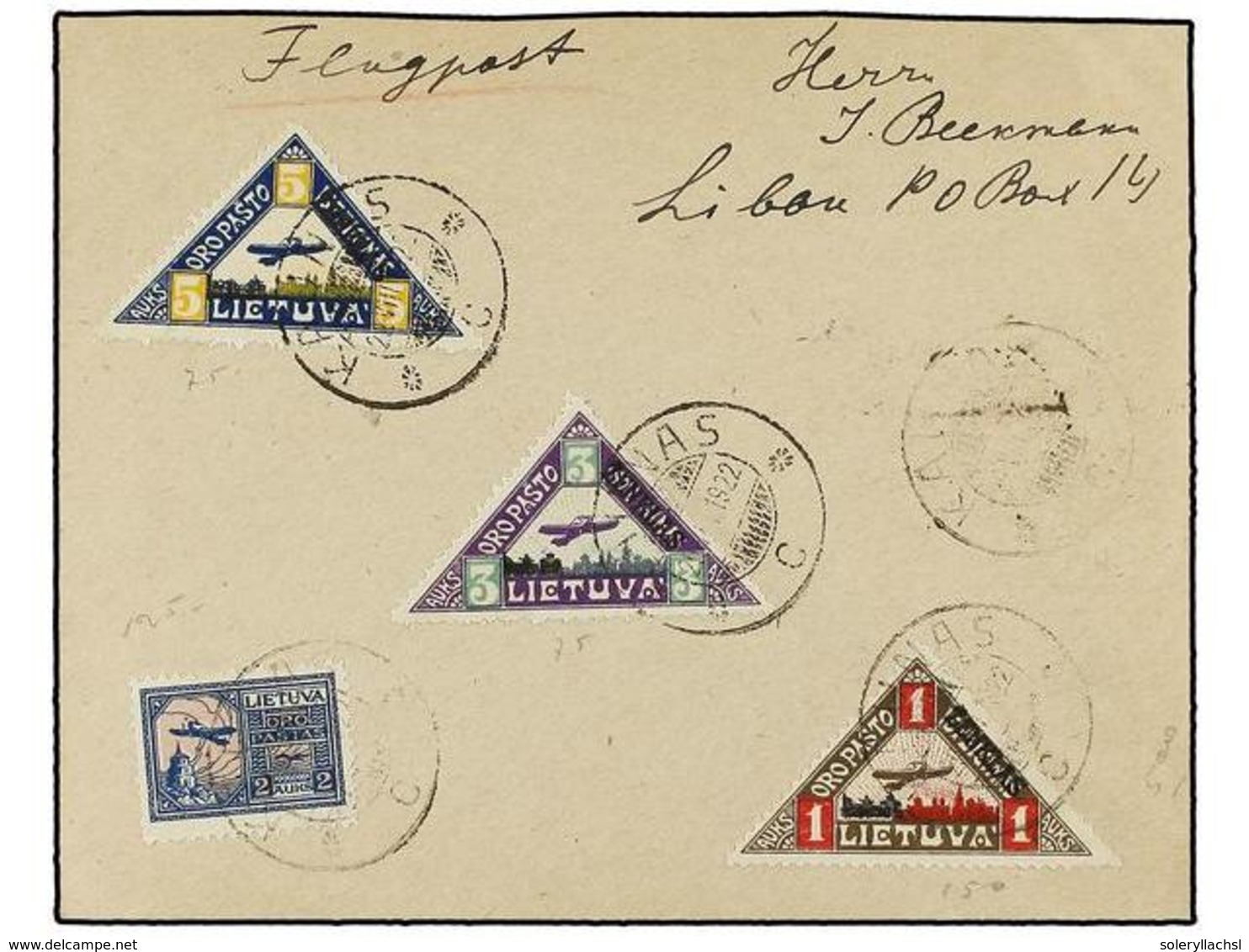 4055 LITUANIA. Yv.A-18/20. 1922 (29-8). KAUNAS To LIBAU. <B>AIR MAIL</B> Cover, Arrival On Reverse. - Other & Unclassified