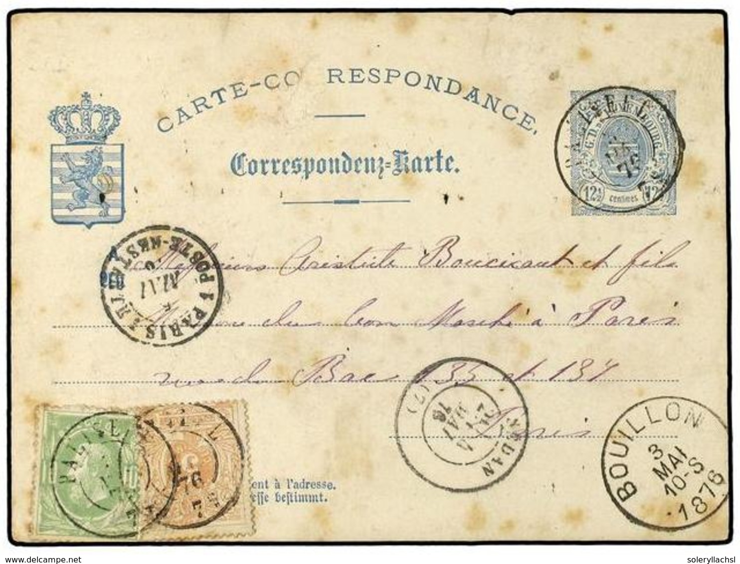 4061 LUXEMBURGO. 1876 (May). Luxembourg <B>12 1/2c.</B> Blue Postal Stationery Card Used To PARIS, Mailed With Belgium 1 - Sonstige & Ohne Zuordnung