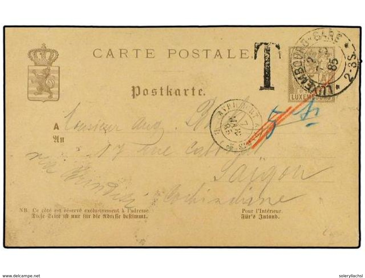 4062 LUXEMBURGO. 1885 (March 7). <B>5 C.</B> Grey On Straw Stationery Card Addressed To SAIGON, IndoChina Cancelled By < - Sonstige & Ohne Zuordnung