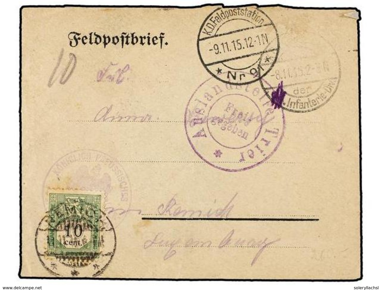 4063 LUXEMBURGO. 1915. Military Envelope Sent From GERMANY To LUXEMBURG, Taxed On Arrival With <B>10 Cent.</B> Stamp. - Sonstige & Ohne Zuordnung