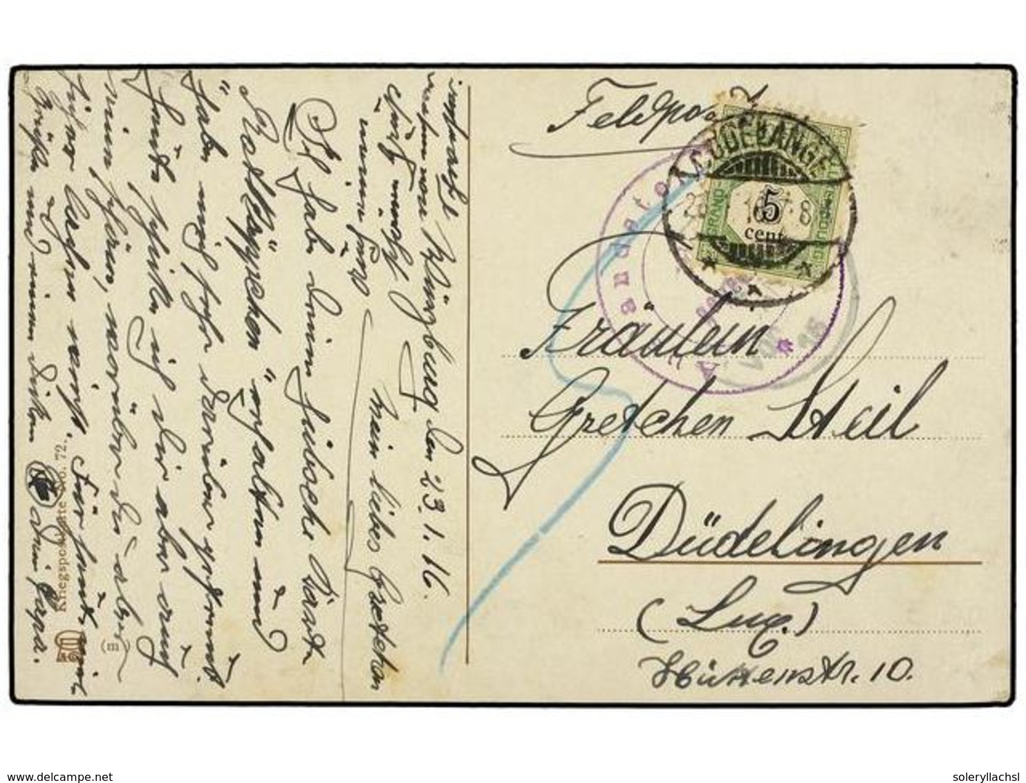 4064 LUXEMBURGO. 1916. GERMAN FELPOST Postcard To LUXEMBOURG Taxed On Arrival With Luxembourg <B>5 Cent.</B> Green And B - Sonstige & Ohne Zuordnung