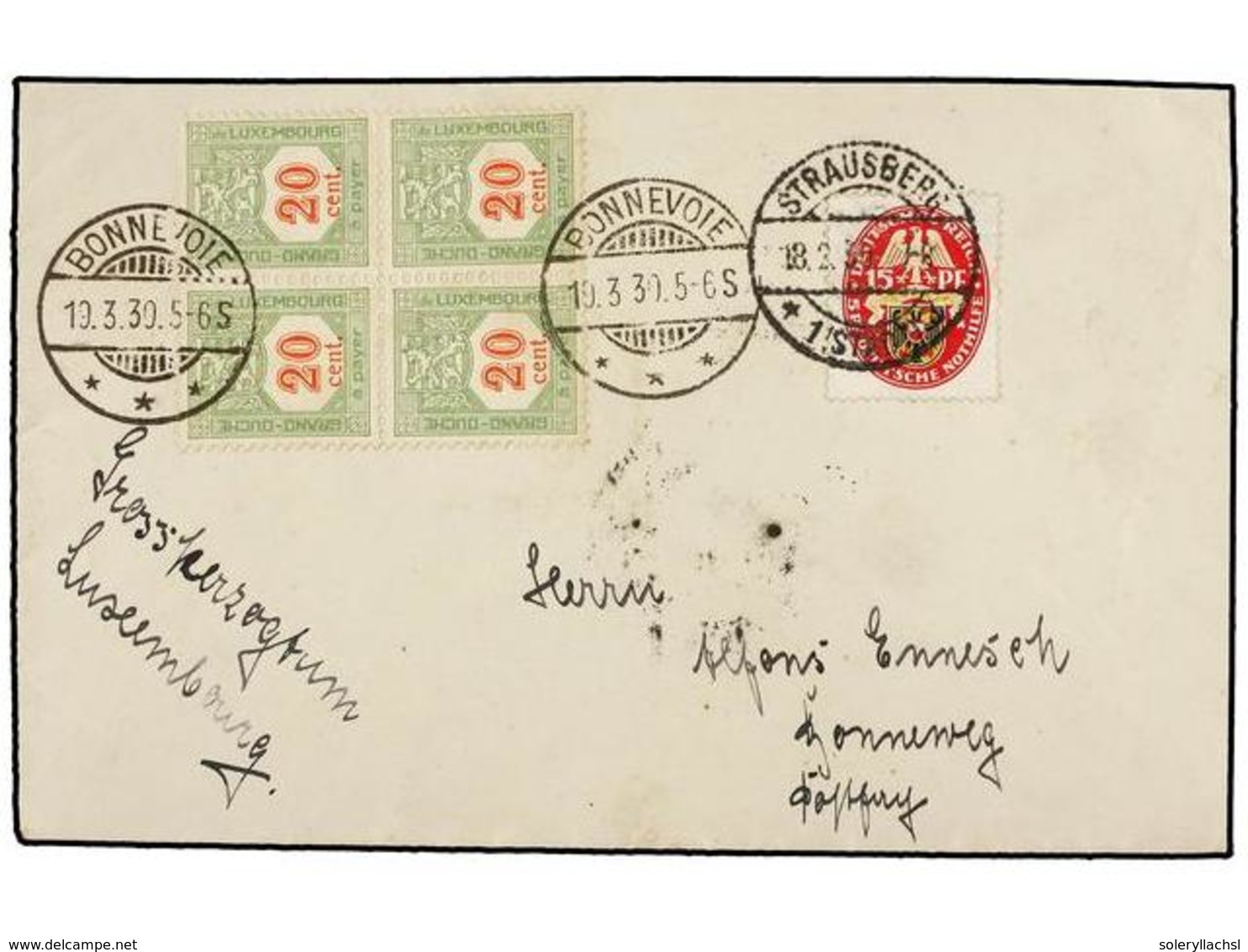 4066 LUXEMBURGO. 1930. ALEMANIA A BONNEVOIE (Luxemburgo). <B>15 Pf., </B>tasado A La Llegada Con Sellos De Luxemburgo De - Other & Unclassified