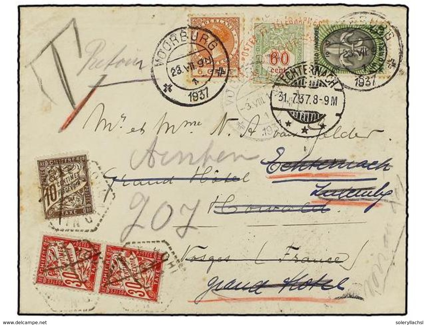 4067 LUXEMBURGO. 1937. VOORBUG (Holanda) A ECHTERNACH (Luxemburg). <B>1 1/2 </B>y <B> 6 Cts., </B>tasado A La Llegada Co - Other & Unclassified