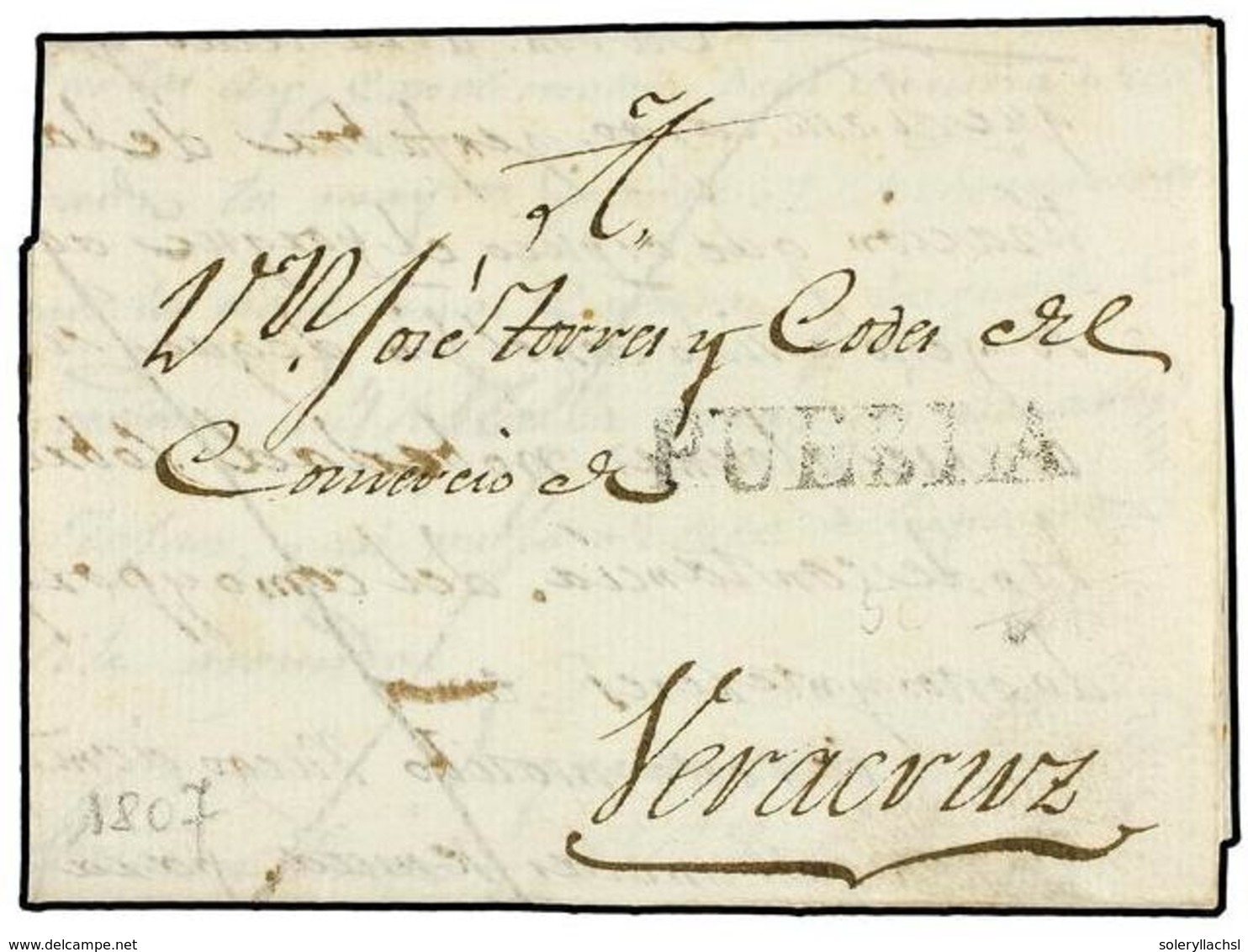 4073 MEXICO. 1807 (19 Octubre). PUEBLA A VERACRUZ. Marca Lineal <B>PUEBLA</B>. RARA Carta Completa Usada Durante El Perí - Other & Unclassified