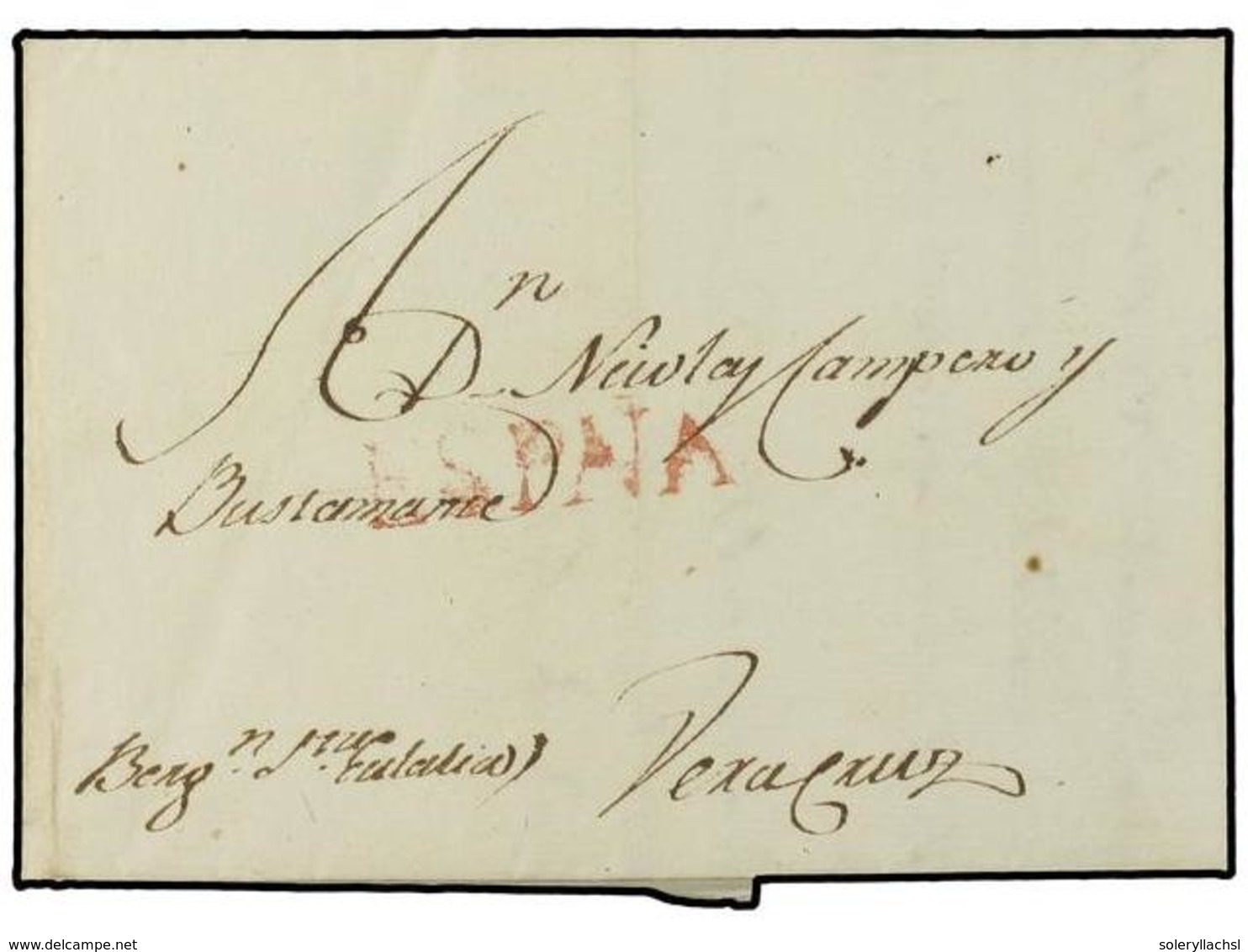 4079 MEXICO. 1819 (30-Sept.). BARCELONA (España) A VERACRUZ. Marca <B>ESPAÑA</B> En Rojo, Estampada En VERACRUZ, Manuscr - Sonstige & Ohne Zuordnung