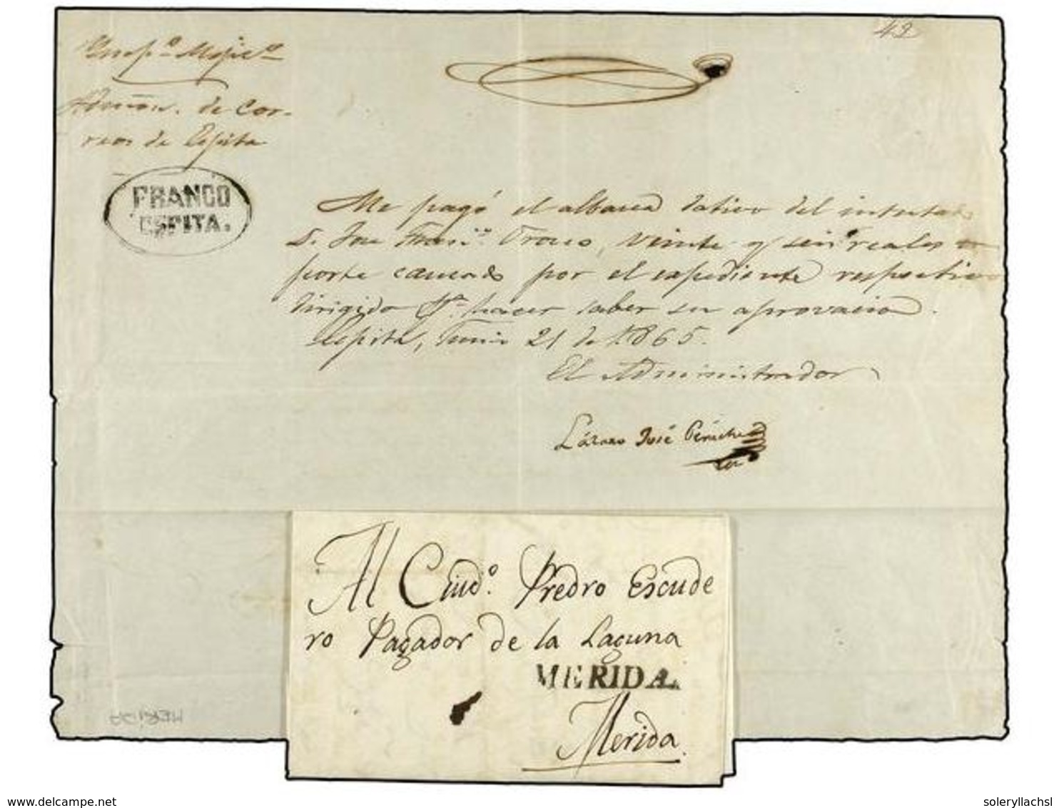 4083 MEXICO. 1824-65. <B>MÉRIDA. </B>Dos Cartas De MÉRIDA A ESPITA (recibo De Portes). - Other & Unclassified