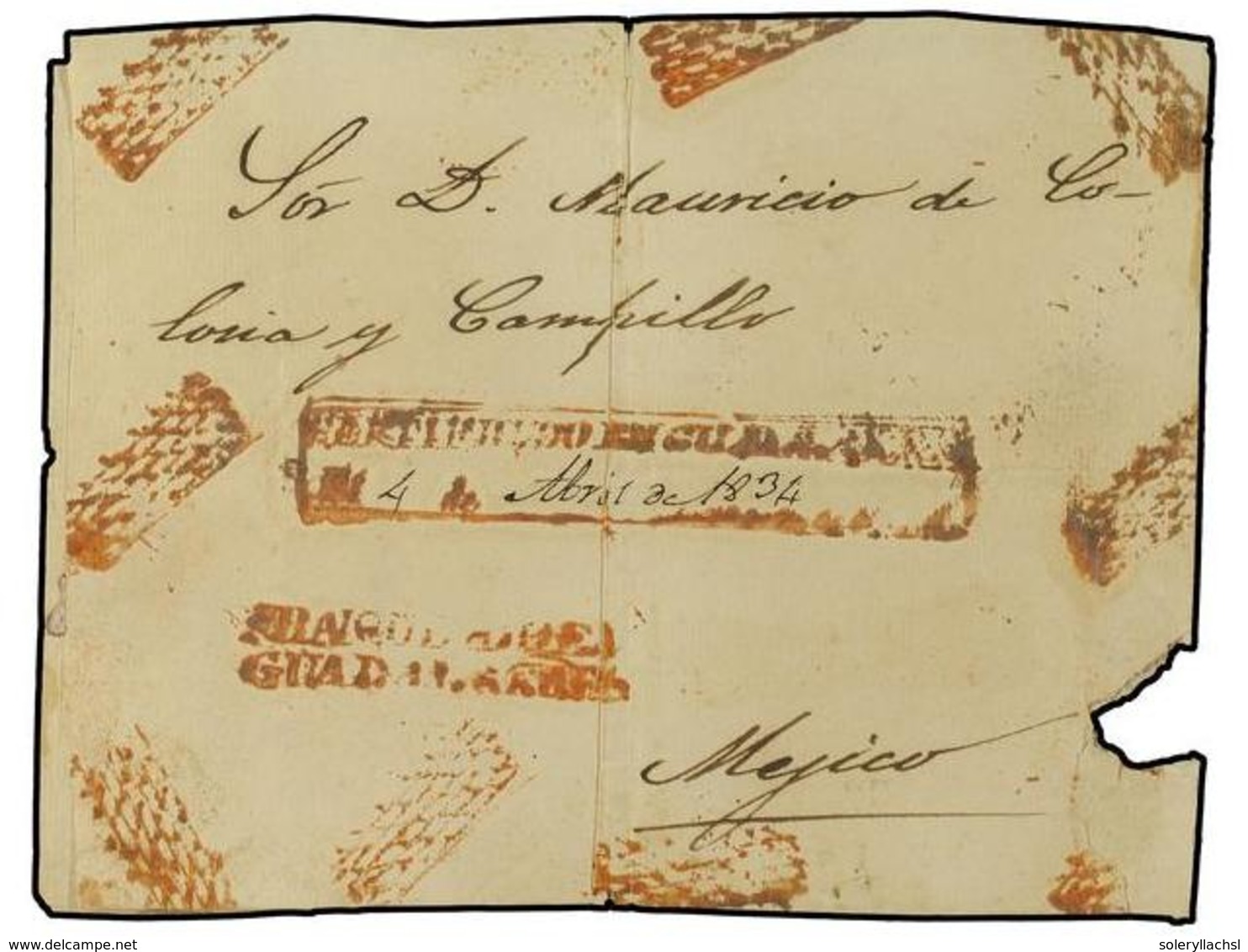 4095 MEXICO. 1834 (4-Abril). ENVUELTA De Carta CERTIFICADA Con Las Marcas <B>FRANQUEADO EN / GUADALAJARA</B> Y <B>CERTIF - Other & Unclassified